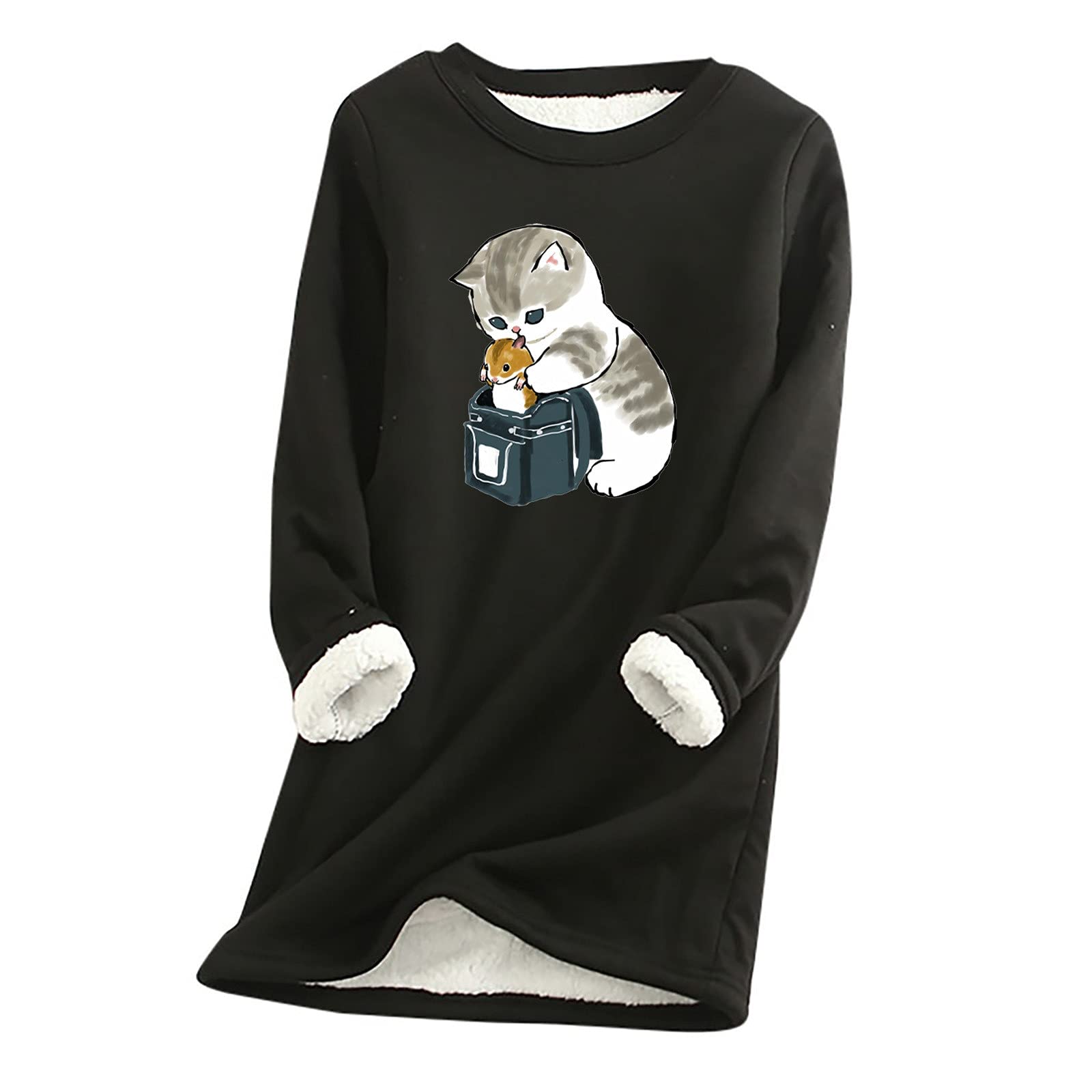 Women's Long Sleeve Casual T-Shirt Dress with Cute Cat Print - Crew Neck Loungewear Nightgown for Fall - Fleece Sleepwear & Nightdress for Home, Lounge, and Sleep