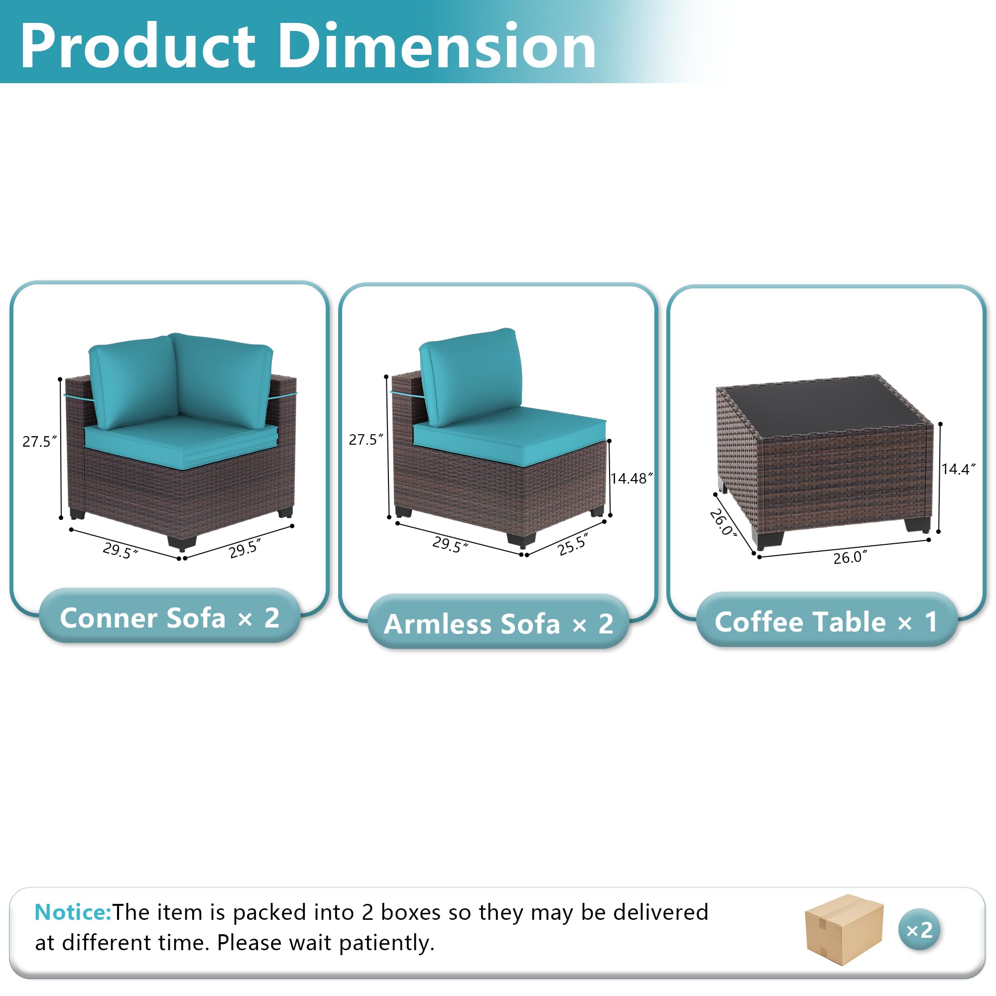 5-Piece All-Weather Patio Furniture Set - Blue Rattan Wicker Outdoor Sectional Sofa with Thick Cushions & Glass Coffee Table - Perfect for Backyard, Garden, Poolside or Deck Relaxation