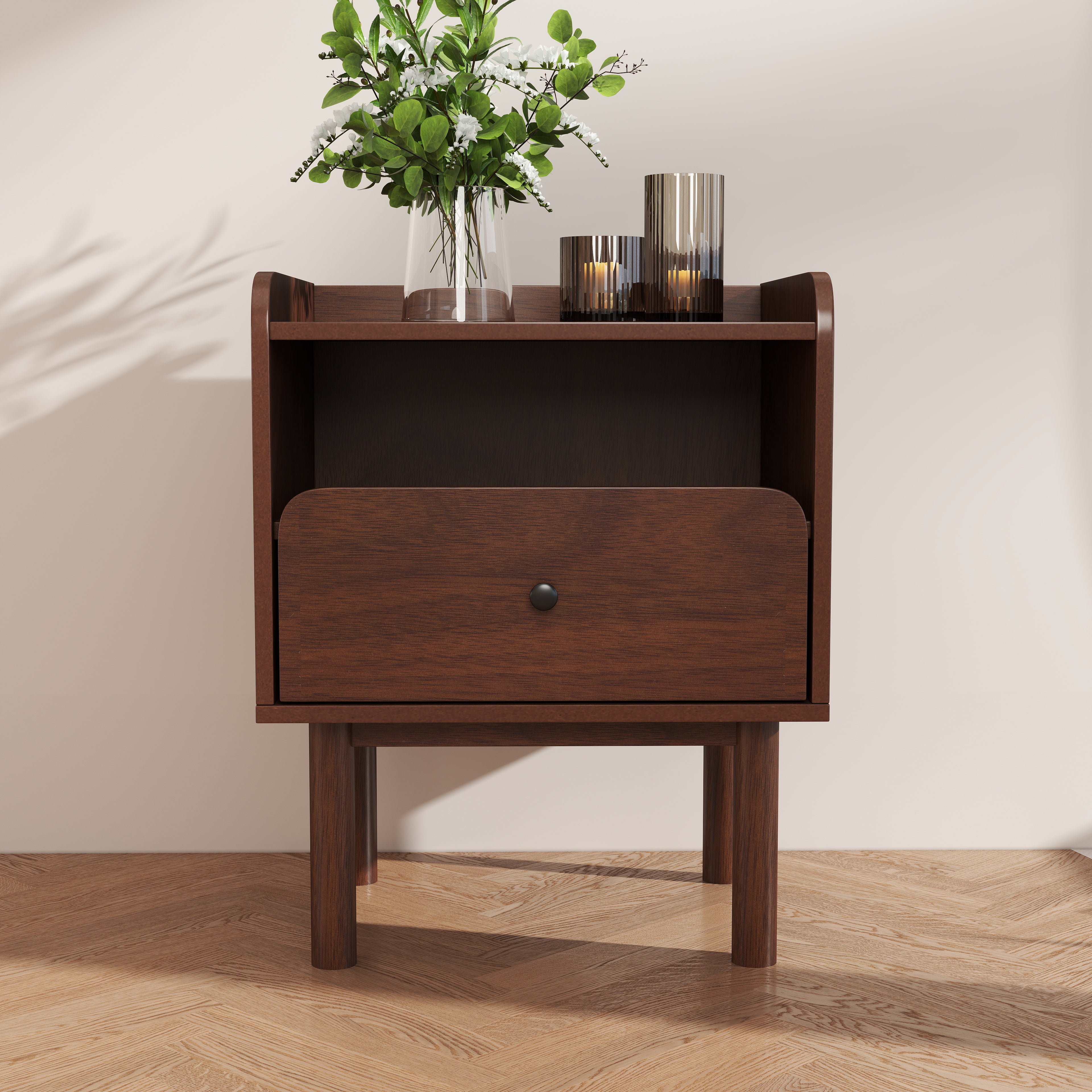 Roundhill Furniture Wyller Dual Tier Storage Nightstand - Modern Side Table with Natural Walnut Finish for Bedroom, Living Room & Office Organization