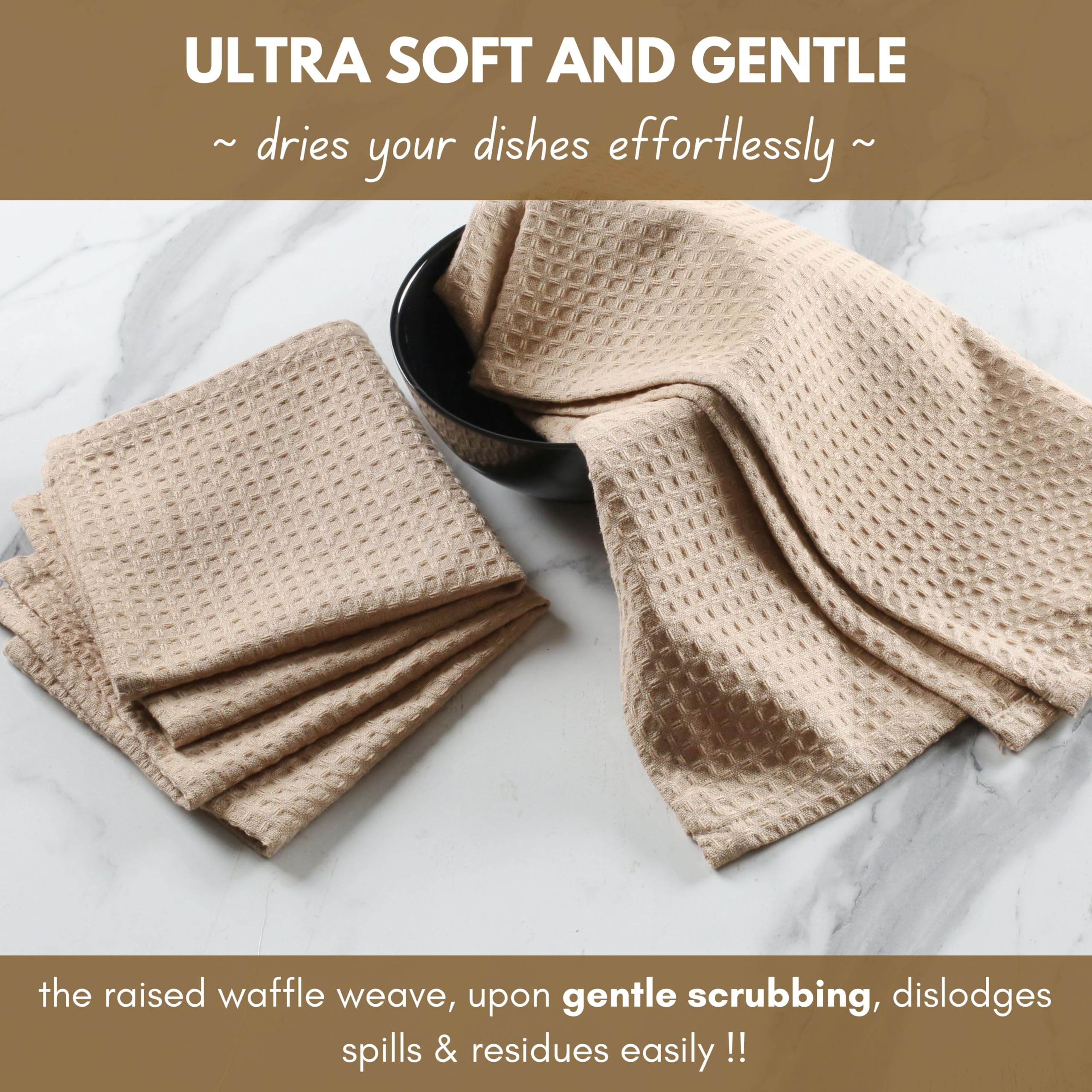 Premium 16x26 Inch Waffle Weave Kitchen Towels - 12-Pack Super Absorbent Cotton Dish Cloths with Hanging Loop | Soft Bar Towels & Washcloths for Cleaning, Drying Dishes & Countertops | Beige Home Essentials