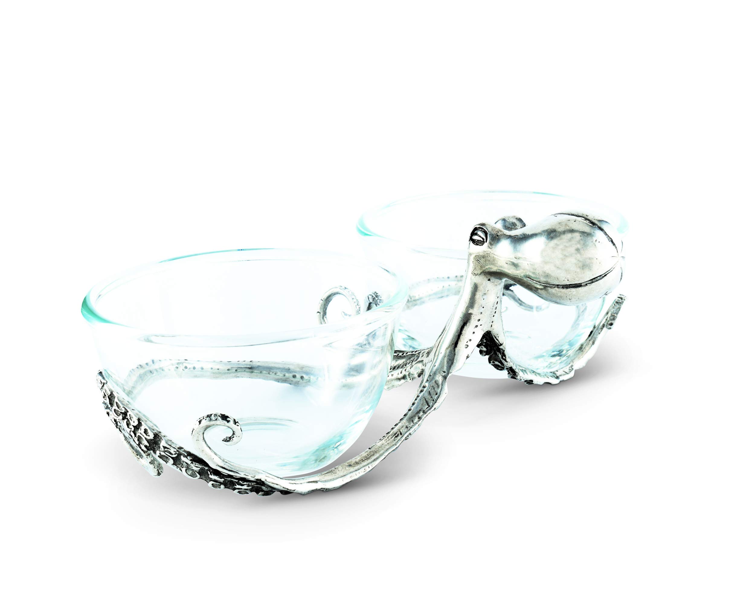 Vagabond House Pewter Octopus with Twin Glass Bowls - 10 Inch Long Snack, Nut & Food Serving Dish - Perfect for Parties, Home Decor & Gift Giving