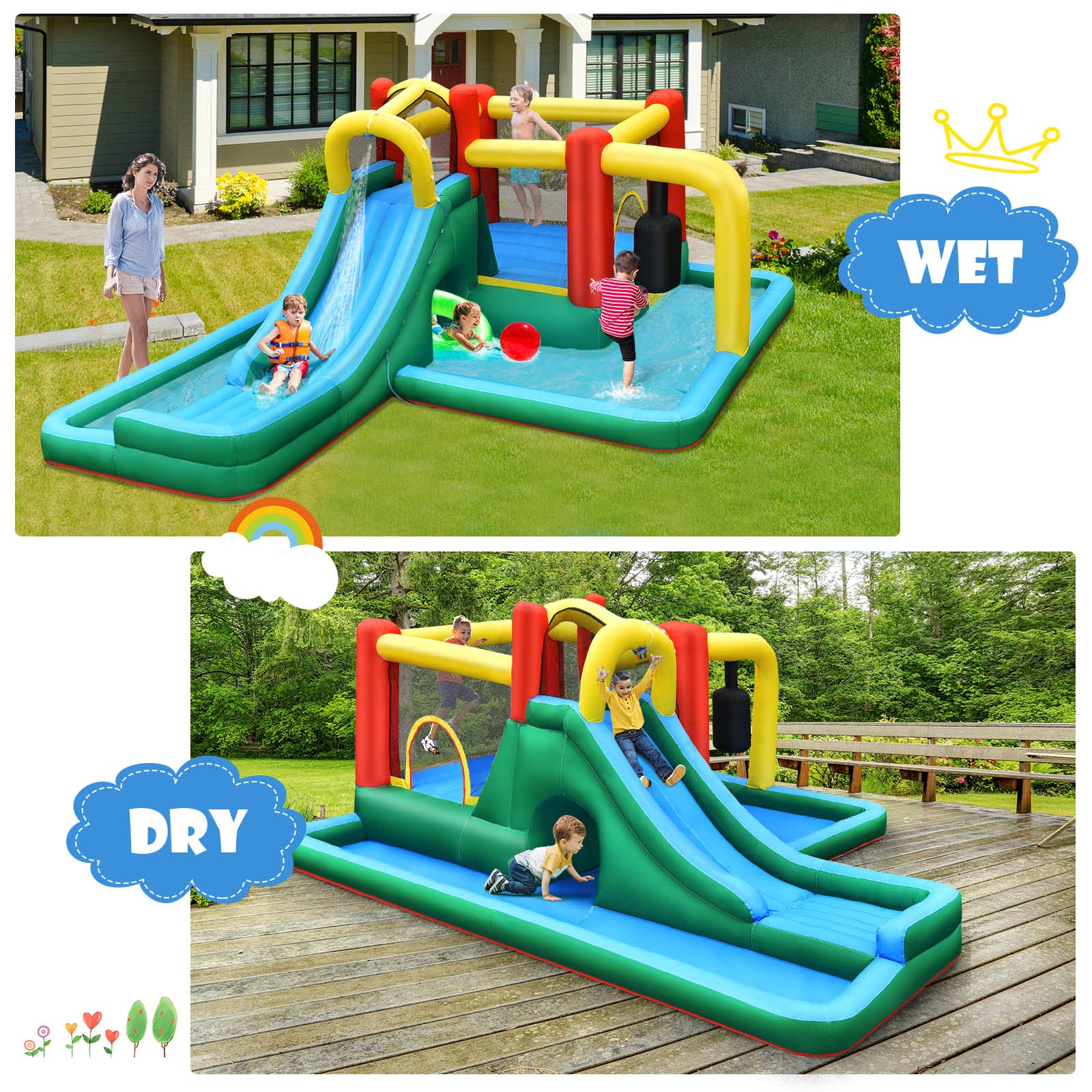 **HONEY JOY 6-in-1 Inflatable Water Slide Park with Splash Pool & Pendulum - Giant Bounce House for Kids & Adults - Outdoor Blow Up Water Slides with 735W Blower - Perfect for Backyard Parties, Summer Fun, and Family Gatherings**