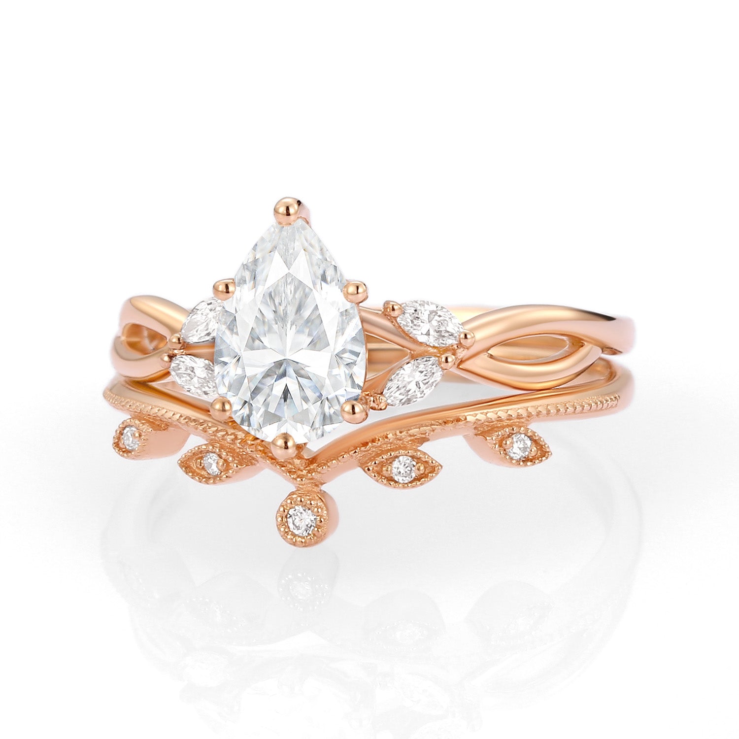 Pear Moissanite Leafy Twig Ring Set - 2 Piece Autumn Jewelry Collection for Women | Perfect for Fall Weddings, Thanksgiving, and Seasonal Fashion Accessories