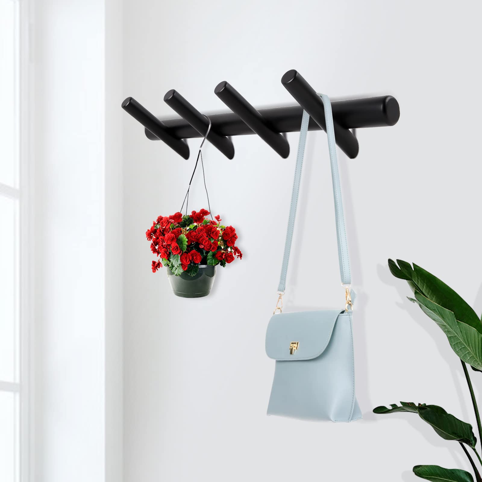 Modern Wood Wall Mounted Coat Rack with 4 Black Peg Hooks - Sturdy Hanger for Coats, Robes, Towels & Hats - Perfect for Entryway, Bedroom, Closet & Bathroom Organization