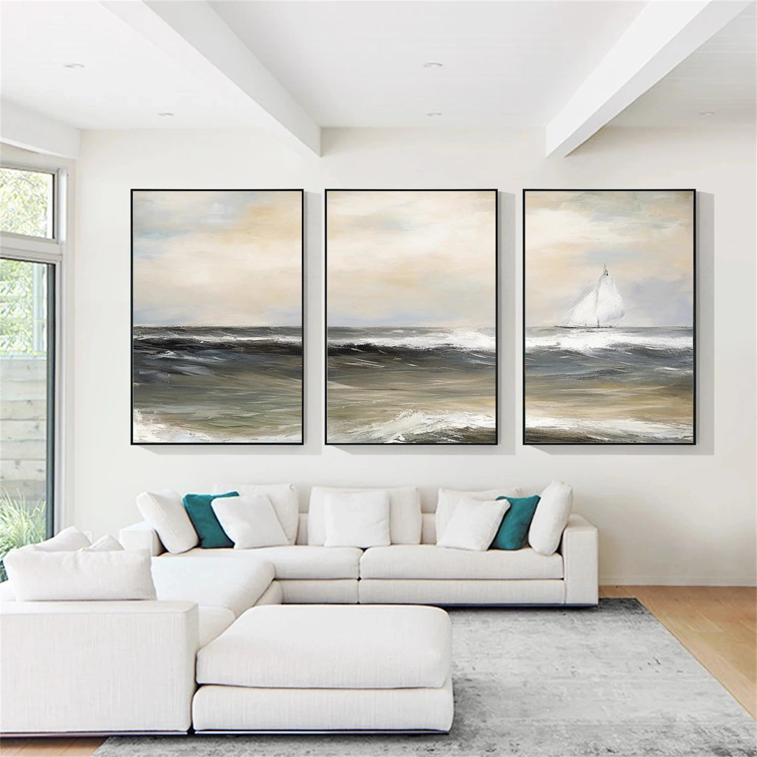 Ocean and Sky Painting Set of 3 - Coastal Wall Art for Living Room, Bedroom & Office Decor | Modern Abstract Seascape Canvas Prints
