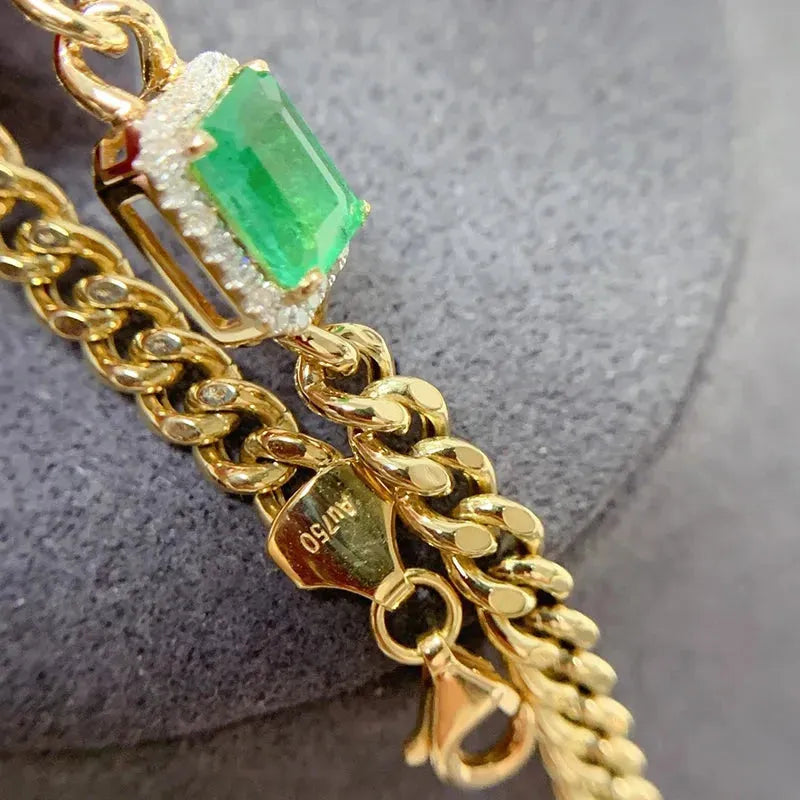 18K Yellow Gold Cuban Chain Bracelet for Women - Shiny Diamond & Natural Emerald Fashion Jewelry - Perfect for Parties, Weddings & Special Occasions