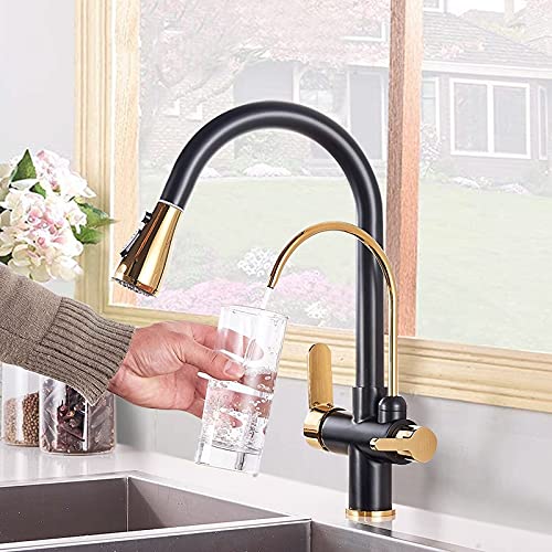 Black Gold Kitchen Faucet with Water Filter - Dual Spout Rotatable Design, Pure Water Mixer Tap with Dual Handles for Modern Kitchens | Perfect for Cooking, Washing Dishes & Filling Pots