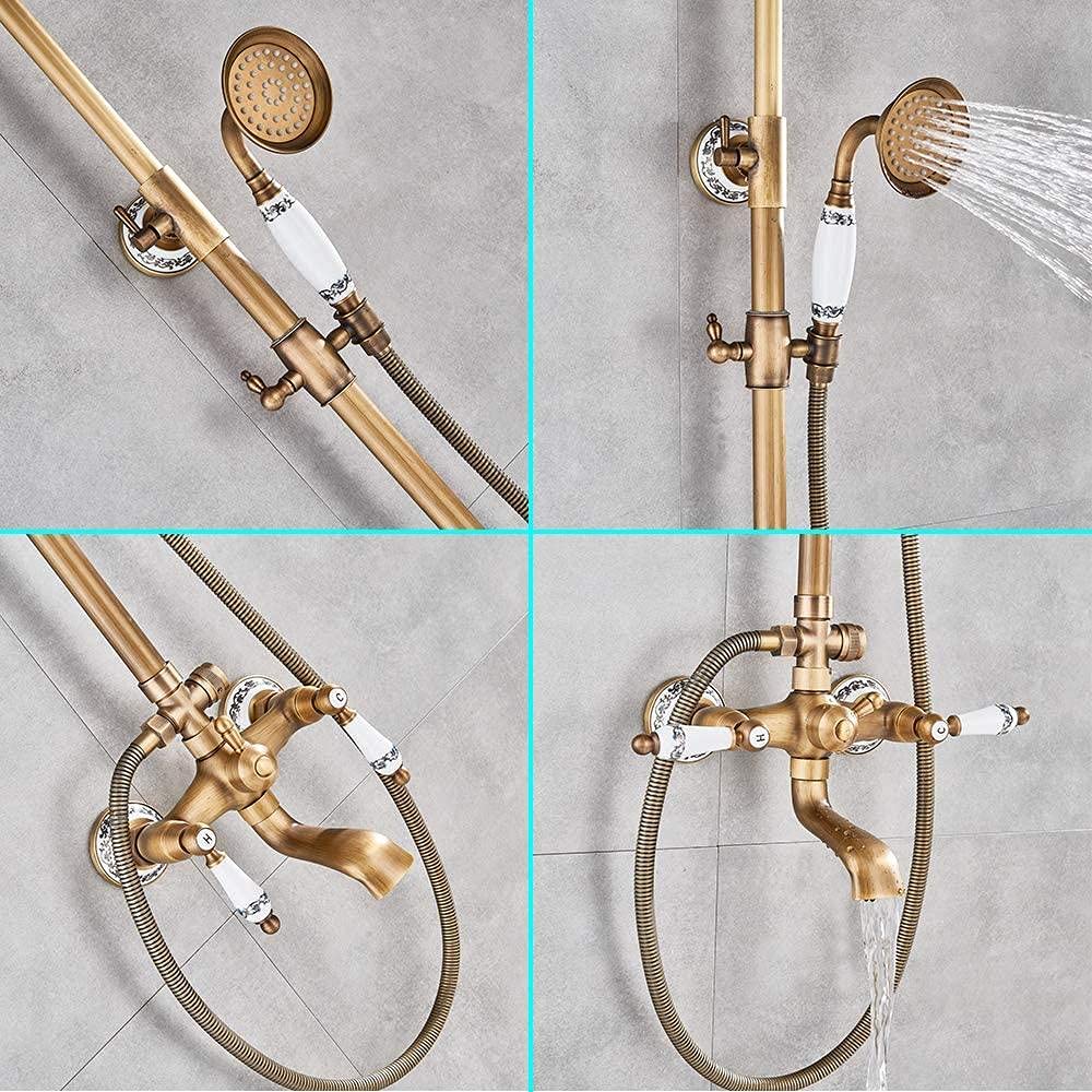Antique Brass Shower Tap System - 8 Inch Rainfall Shower Head with Ceramic Hand Shower & Tub Spout, Wall Mounted Bathroom Fixture Set with Double Ceramic Handles | Perfect for Modern & Vintage Bathroom Renovations
