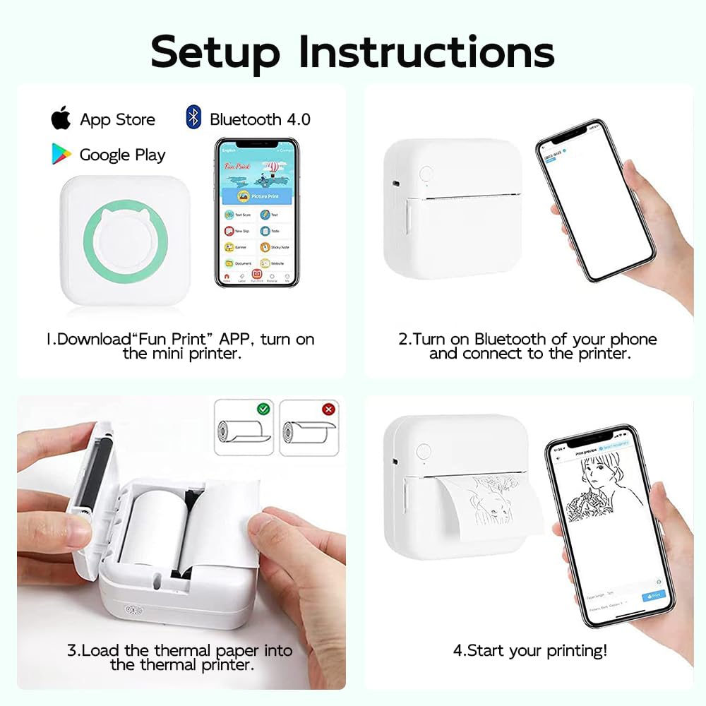 Mini Bluetooth Sticker Printer - Portable Thermal Photo Printer for iPhone, Smart Note Buddy with 10 Rolls Thermal Paper - Perfect for Journaling, Scrapbooking, Memos & Instant Photo Printing On-The-Go