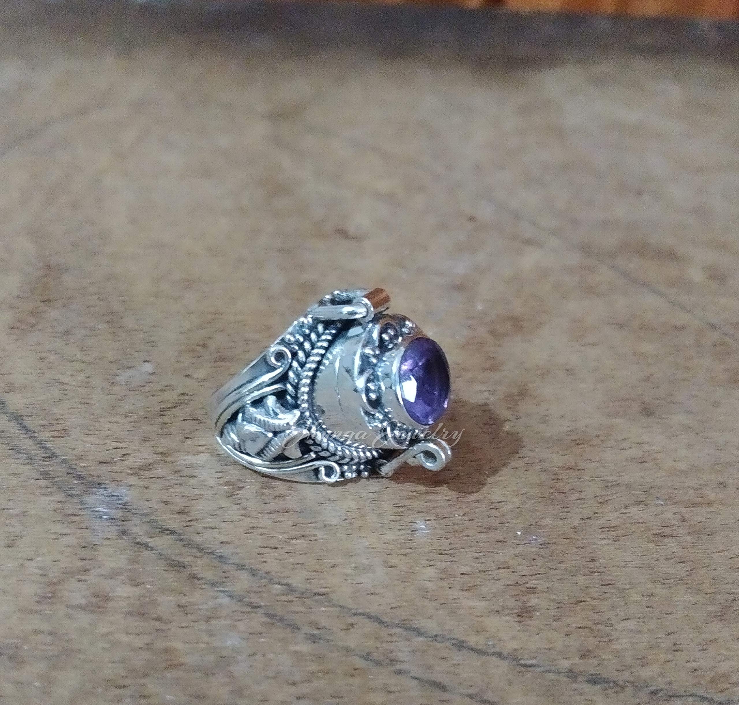 925 Sterling Silver Natural Amethyst Poison Ring - Handmade Openable Locket Ring with Secret Compartment | Mother's Day Gift, Boho Jewelry for Women | Perfect for Surprise Messages, Keepsakes & Special Occasions