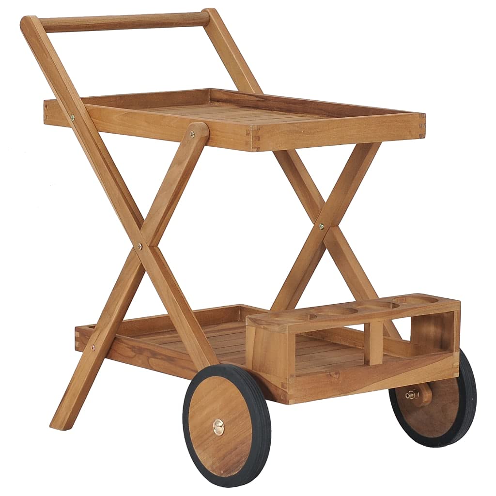 Premium Solid Teak Wood Tea Trolley Cart with Wheels - Elegant Serving Cart for Living Room, Kitchen, or Outdoor Entertaining