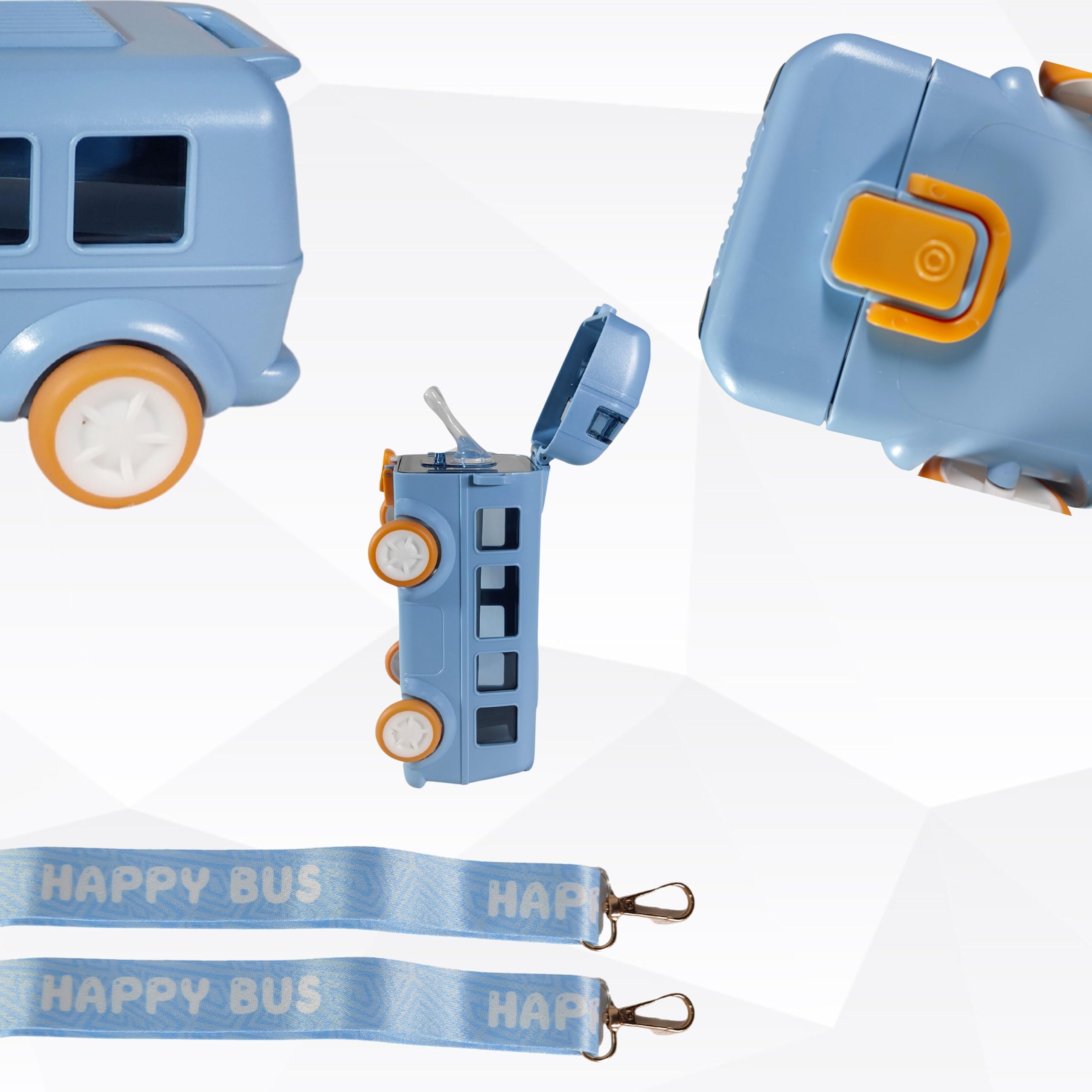 **ZAFCO Cute Bus-Shaped Kids Water Bottle with Strap, Sipper & Straw | Leakproof, BPA-Free, Moving Wheels & Lock Mechanism | Plastic Portable Drinking Bottle for Girls & Boys | School, Travel & Outdoor Activities (Blue)**