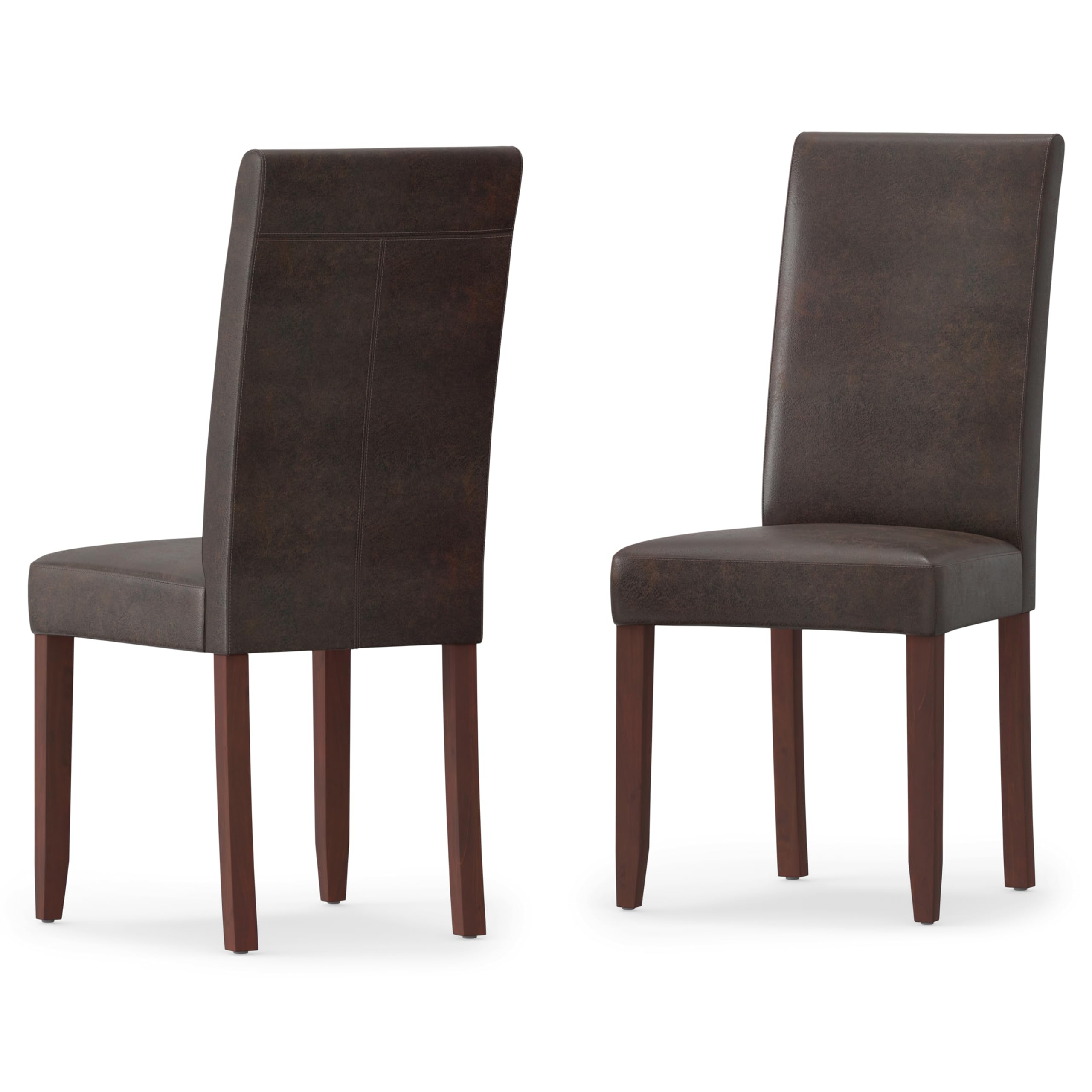 SIMPLIHOME Acadian Transitional Parson Dining Chairs (Set of 2) - Distressed Brown Vegan Faux Leather Upholstered Seats - Elegant Dining Room Furniture for Home, Restaurant, and Office Use