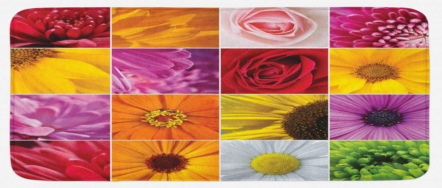 Ambesonne Non-Slip Plush Kitchen Mat - Colorful Chrysanthemum Rose Sunflower Floral Design, 47x19 Inches, Orange Yellow Pink - Soft Decorative Rug for Kitchen, Bathroom, Entryway & Home Decor
