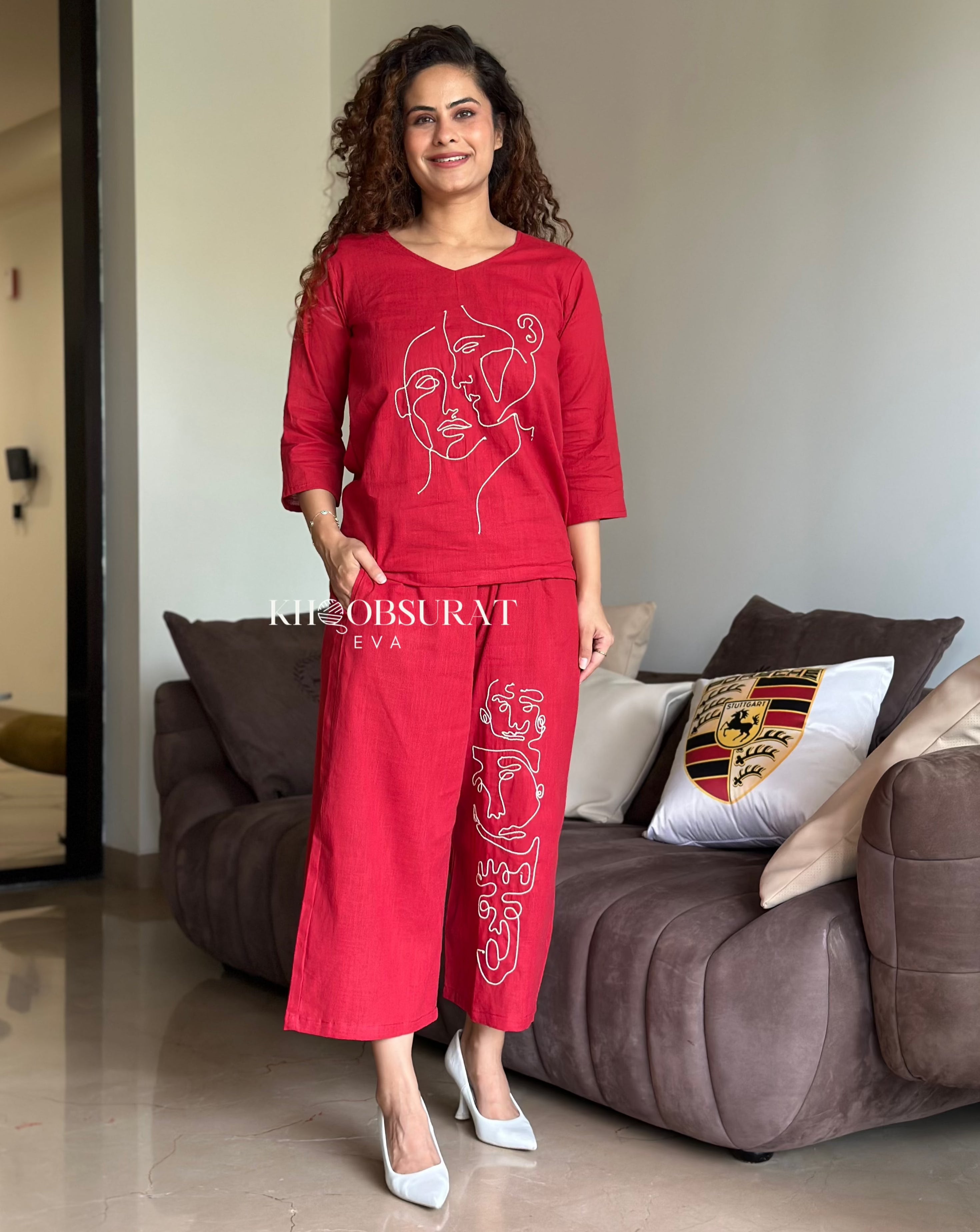 Stylish Red Casual Coord Set for Women - Comfortable Outfit for Daily Wear, Lounge & Travel