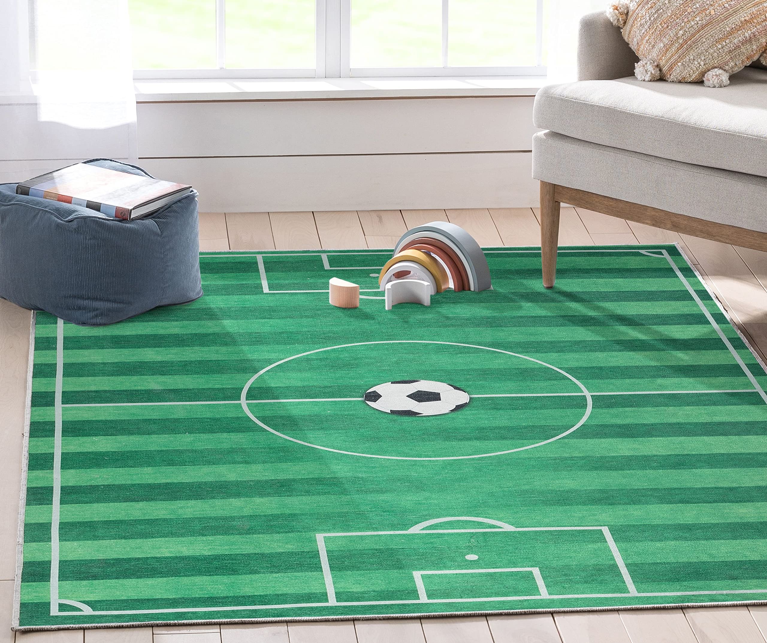 Well Woven Soccer Field Rug Playmat 6' x 9' - Apollo Kids Collection - Non-Slip Nursery Rug for Boys Room, Playroom & Game Room Decor - Perfect for Indoor Soccer Practice & Kids Play Area
