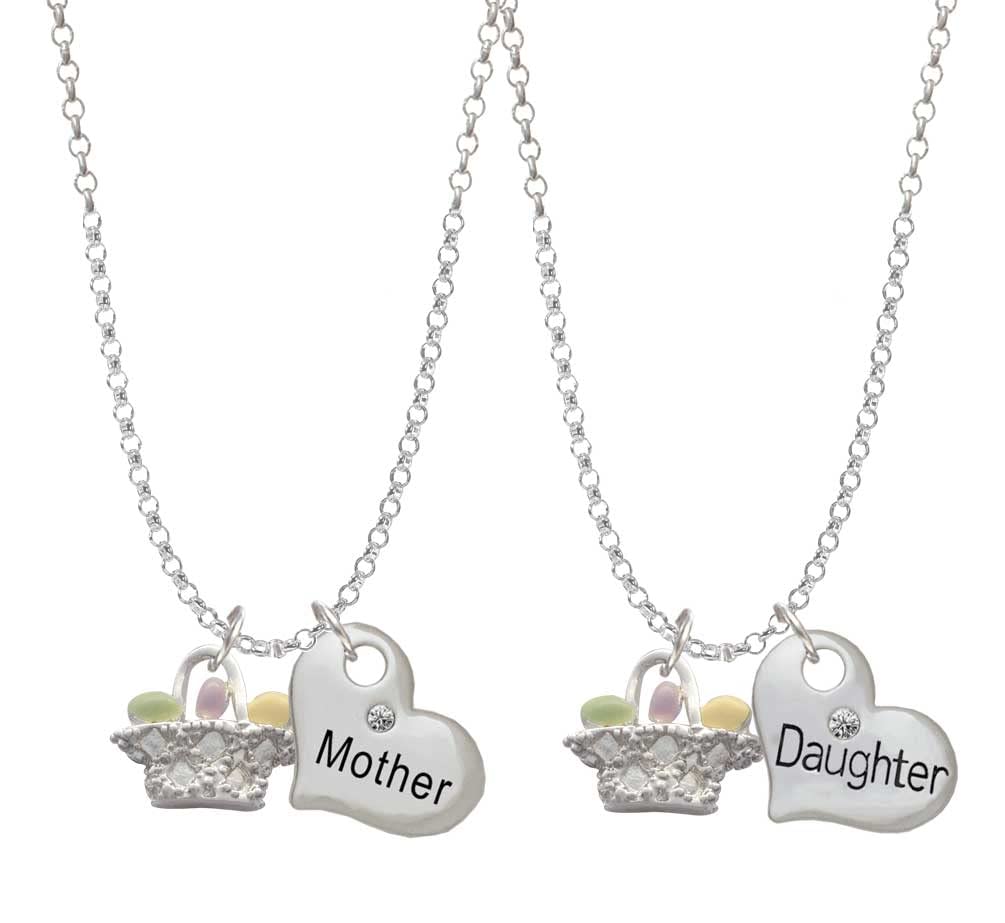 Delight Jewelry Sterling Silver Easter Egg Basket Mother Daughter Heart Necklace Set (2 Pcs, 19