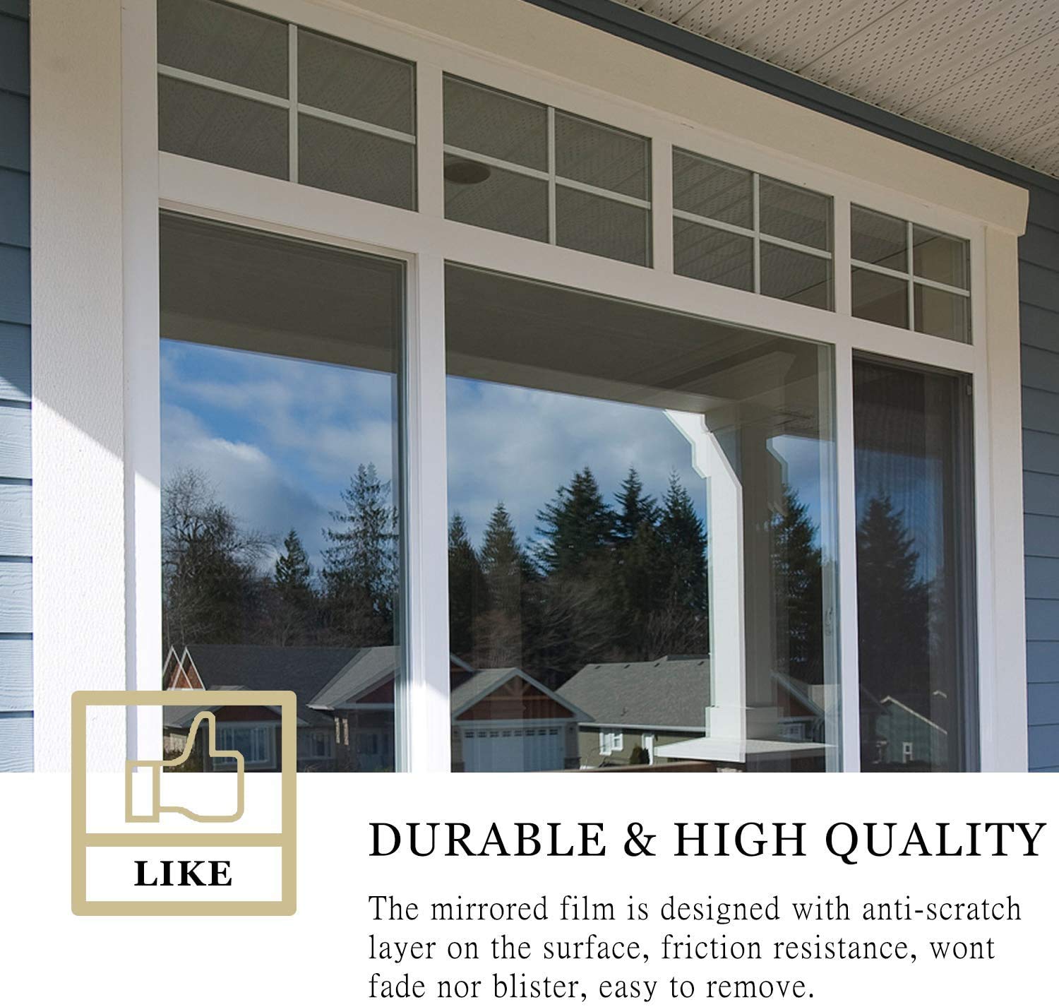 WochiTV One Way Window Film - Static Cling Reflective Privacy Tint for Home, Heat Control & UV Sun Blocking, Non-Adhesive Mirror Film (Blue Silver, 23.6