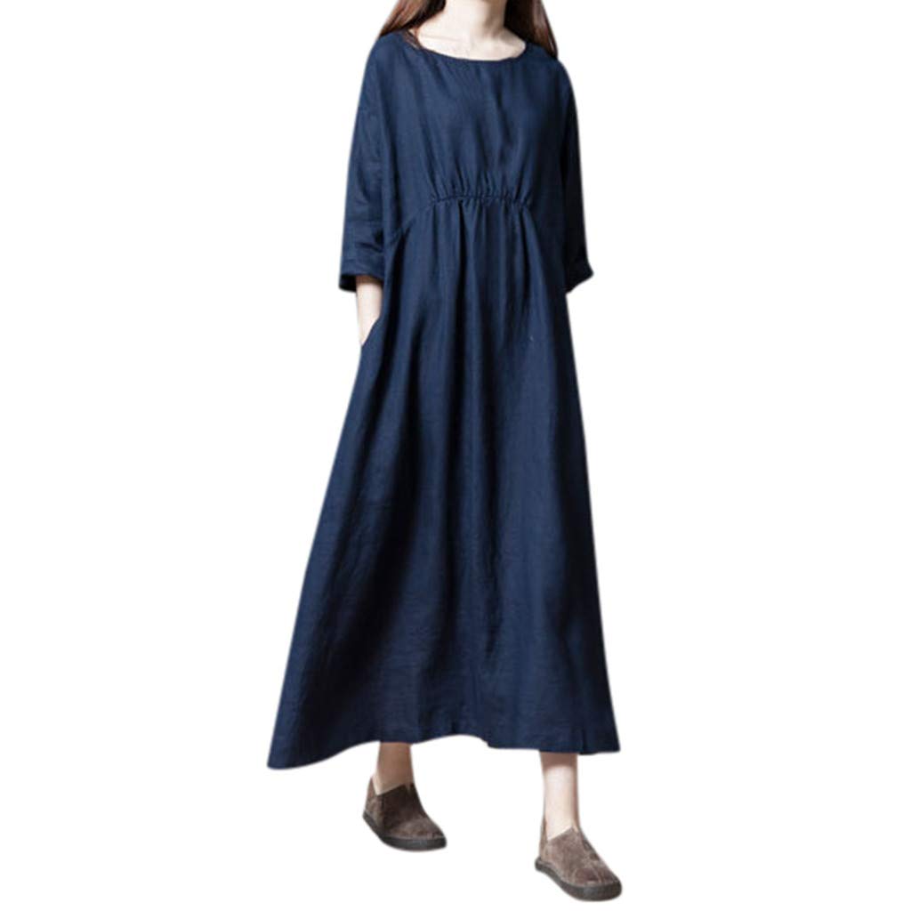 ZEFOTIM Women's Spring Summer Cotton Linen Dress - Pure Color 3/4 Sleeve Pleated Casual Dress for Outdoor, Travel & Daily Wear