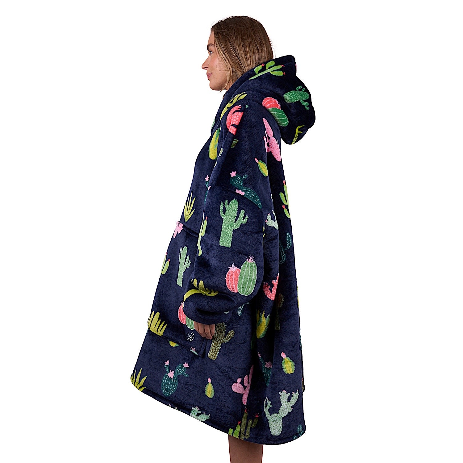 Cactus Print Snuggle Hoodie for Adults - Soft Fleece Pullover with Western Style - Navy Blue Cozy Lounge Wear for Home, Outdoor & Casual Occasions