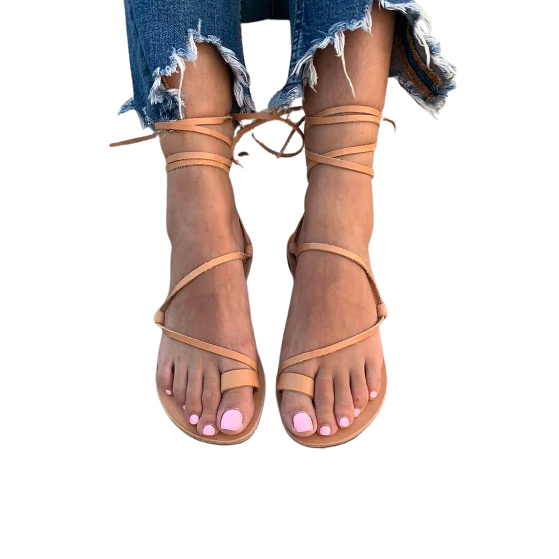 Women's Beige Leather Gladiator Sandals with Toe Ring - Lace Up Greek Style Flip Flops for Beach & Summer | Size 39 | Casual Boho Chic Footwear for Vacation, Music Festivals & Outdoor Adventures