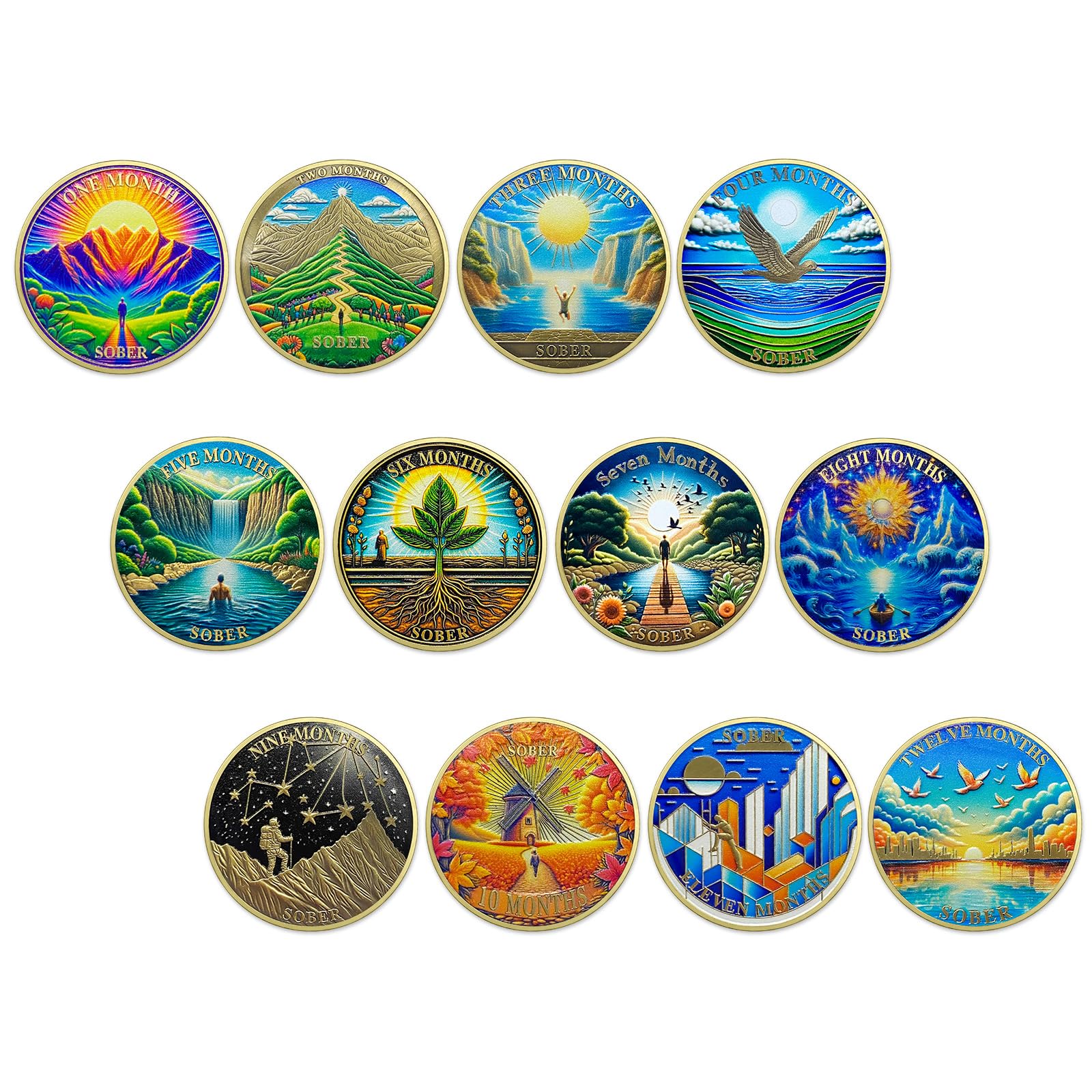 12Pcs AA Sobriety Coins Set - 1 to 12 Months Recovery Medallions for Alcoholics Anonymous, Addiction Recovery Gifts for Men & Women | Celebrate Milestones in Sobriety Journey (Ideal for AA Meetings, Anniversary Gifts & Personal Motivation)
