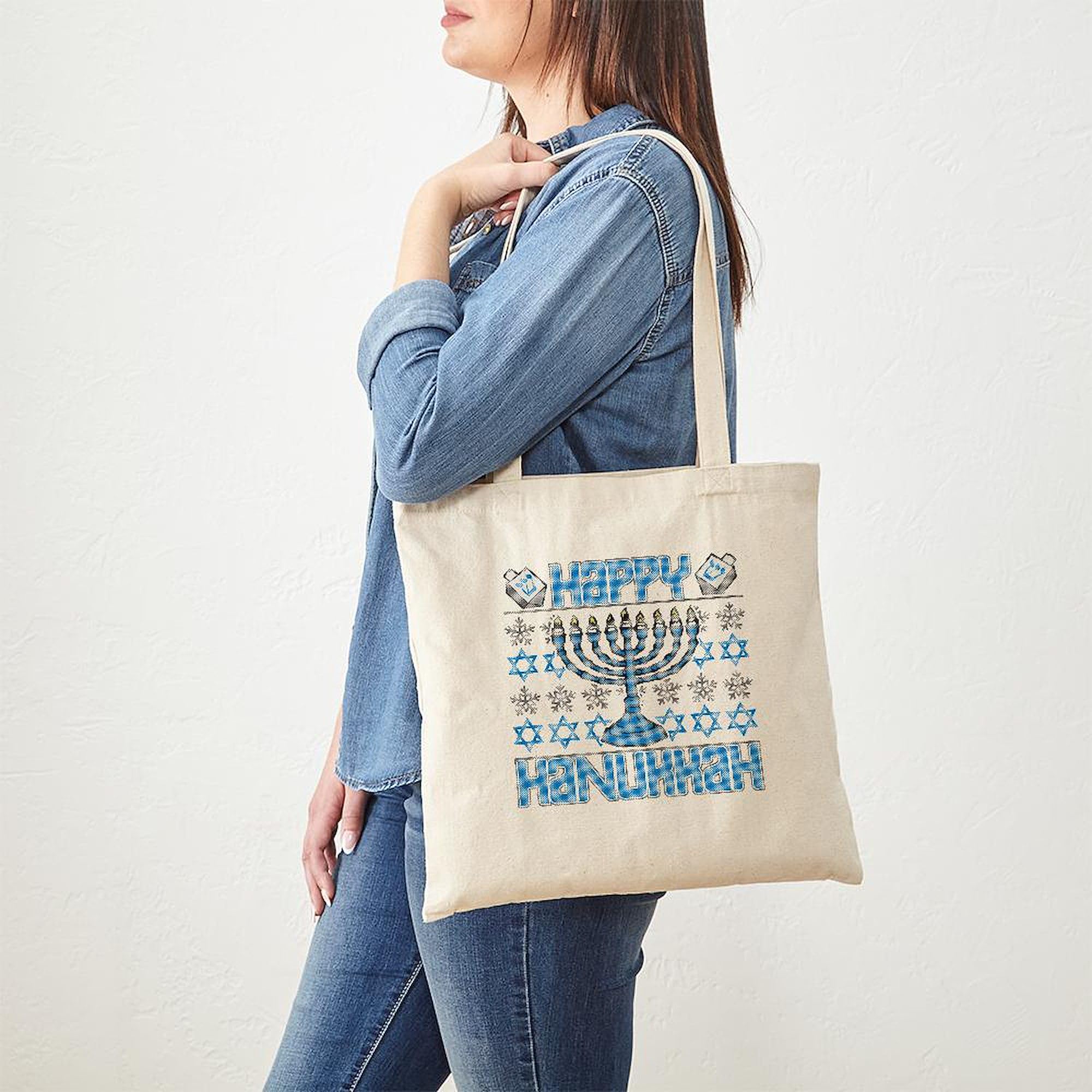 Happy Hanukkah Tote Bag - Natural Canvas Reusable Shopping Bag for Holiday Gifts, Groceries & Everyday Use