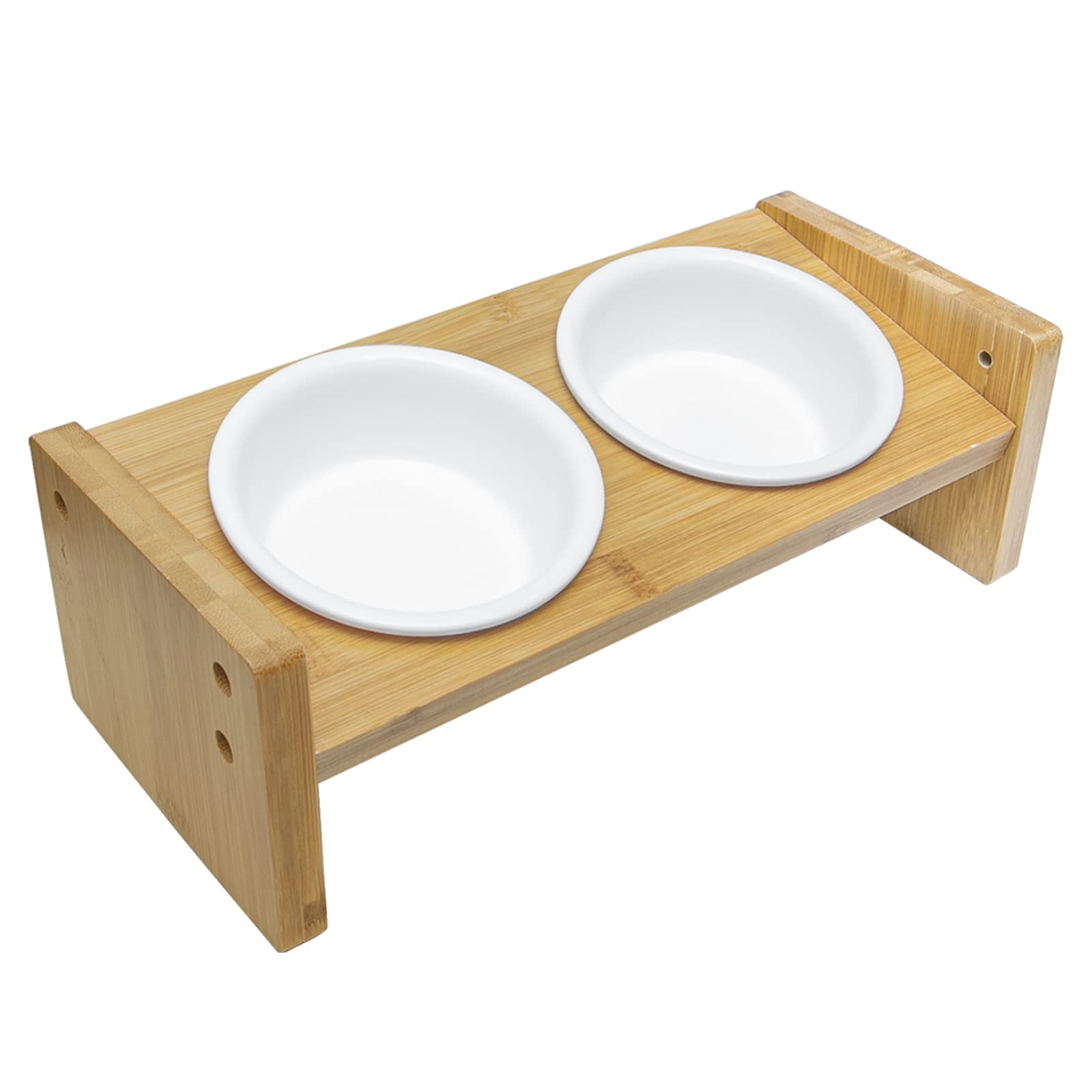 Premium Adjustable Height Dog & Cat Bowls with Wood Stand - Large Ceramic Pet Food and Water Bowls, Anti-Mold Wood Base, Tilted Double Bowl Design for Comfortable Eating - Perfect for Large Dogs & Cats at Home or Travel