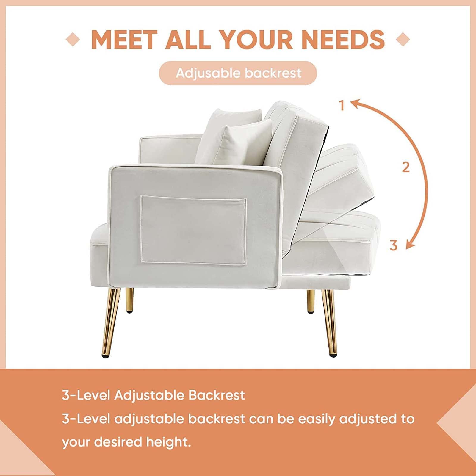 69'' Velvet Futon Sofa Bed - Modern Convertible Folding Sleeper Couch with Cup Holders & Armrests - White Loveseat for Living Room, Apartment & Office - Perfect for Small Spaces, Guest Rooms & Studio Apartments