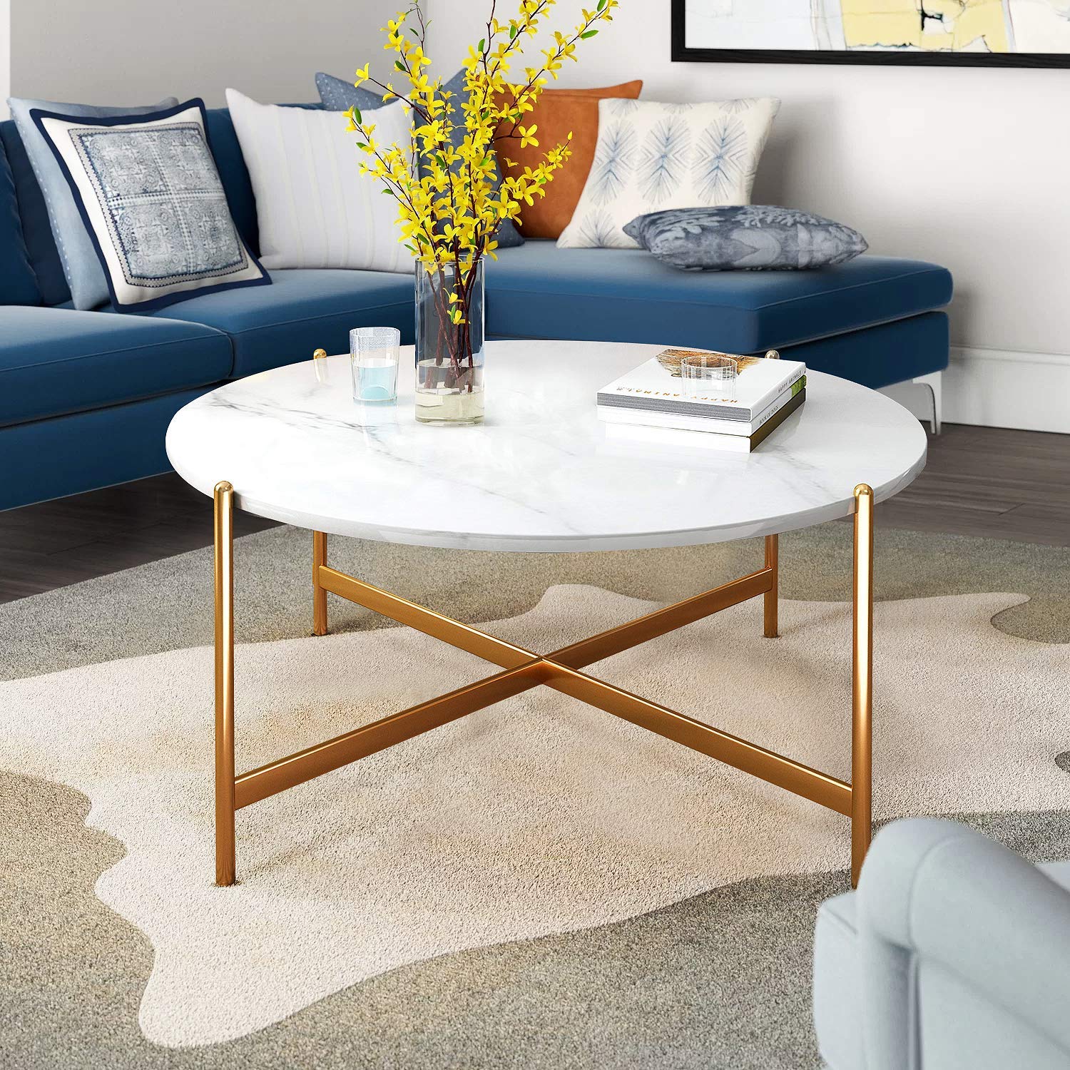 Modern Round Faux Marble Coffee Table - 36 Inch White Gold Accent Table with Sturdy Metal Frame, Easy Assembly for Living Room, Dining Room & Home Office | Perfect for Small Spaces, Coffee Date & Entertaining Guests