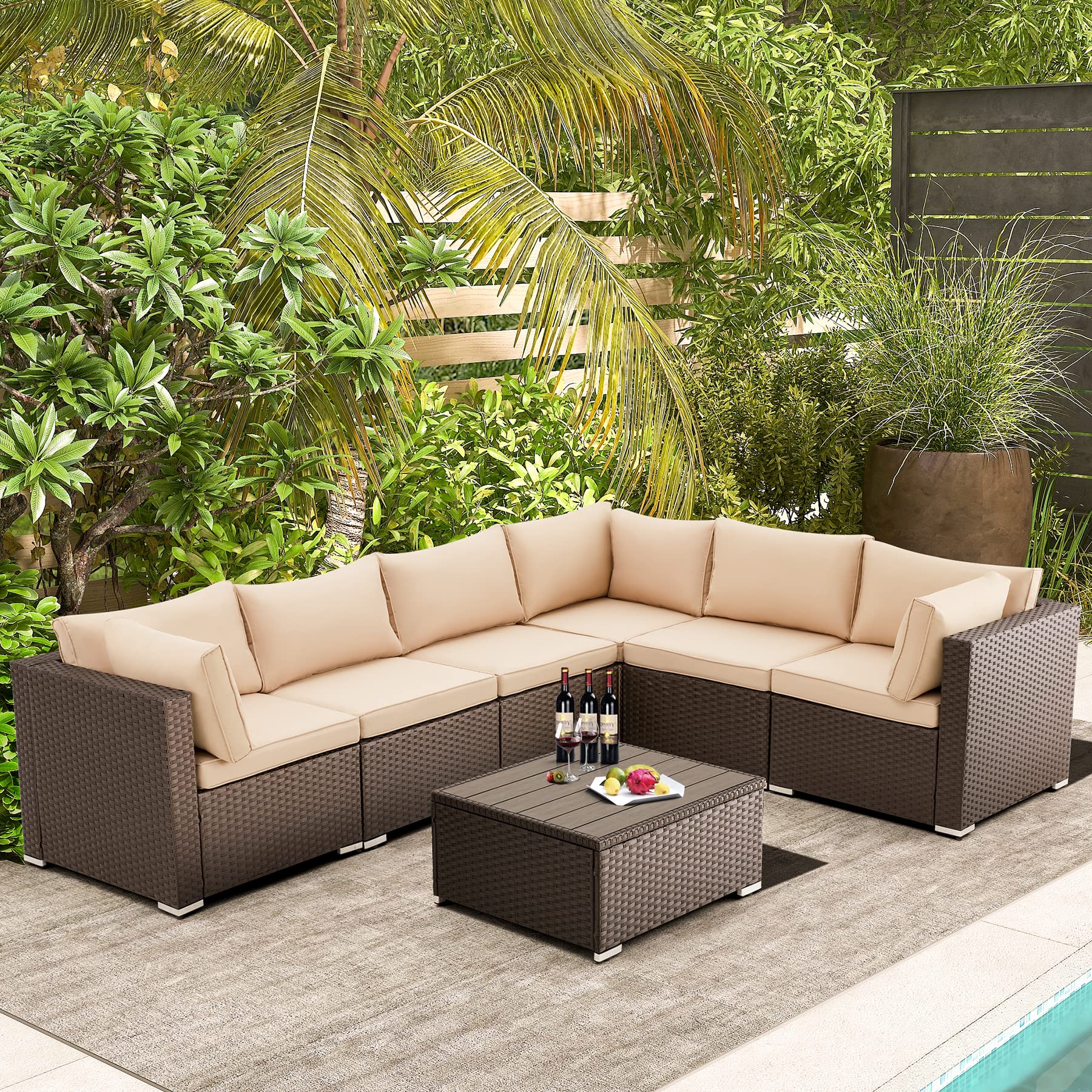 GYUTEI 7-Piece Outdoor Patio Furniture Set - All-Weather Wicker Sectional Sofa with Cushions for Porch, Garden, Backyard, Poolside (Khaki) | Perfect for Relaxing, Entertaining & Outdoor Dining
