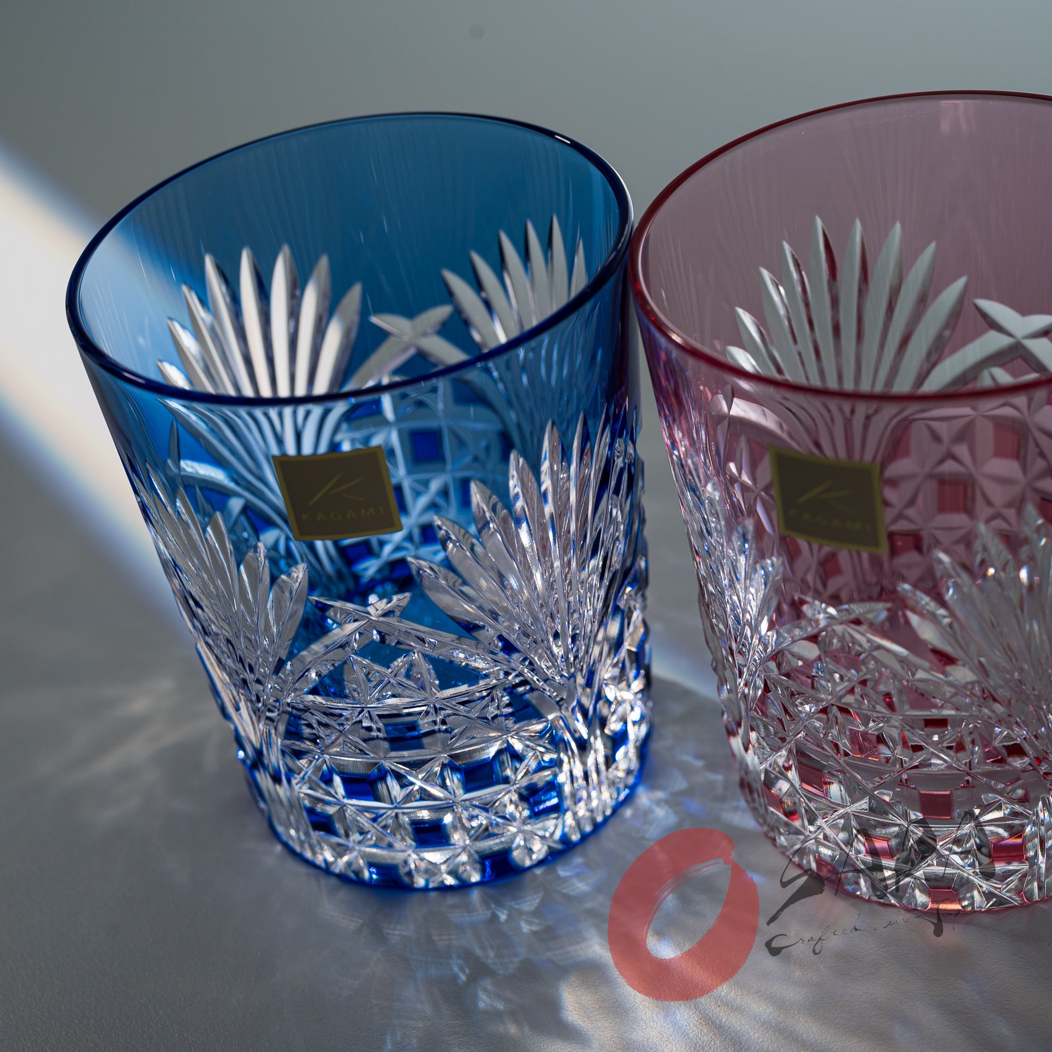 KAGAMI Crystal Edo Kiriko Pair Whiskey Glasses Set - 240ml Handcrafted Japanese Cut Glass with Bamboo Leaf Design - Perfect for Whiskey Tasting, Home Bar Decor & Luxury Gift Giving