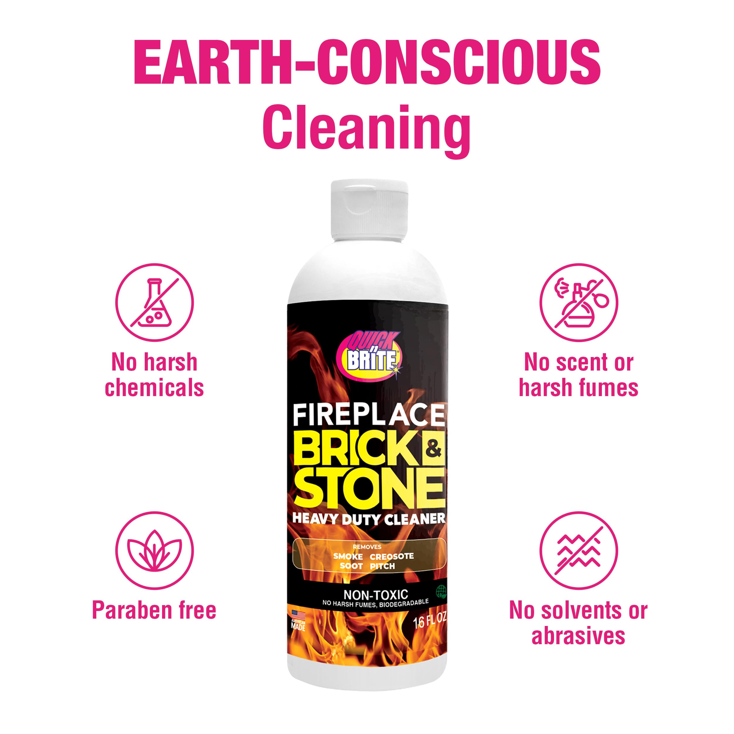 Quick N Brite Fireplace Gel Cleaner with Scrub Brush - Nonabrasive Deep Clean for Brick, Stone, Tile & Marble Fireplaces - Made in USA (16 oz) - Perfect for Indoor/Outdoor Fireplace & Hearth Maintenance