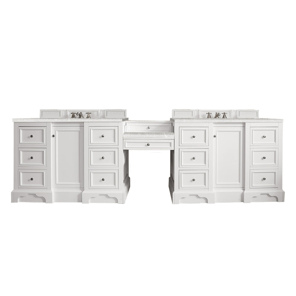 De Soto 118 Double Vanity Set with Makeup Table - Bright White Finish & 3CM Eternal Serena Quartz Top | Perfect for Master Bathroom, Guest Bathroom & Dressing Room Makeup Station