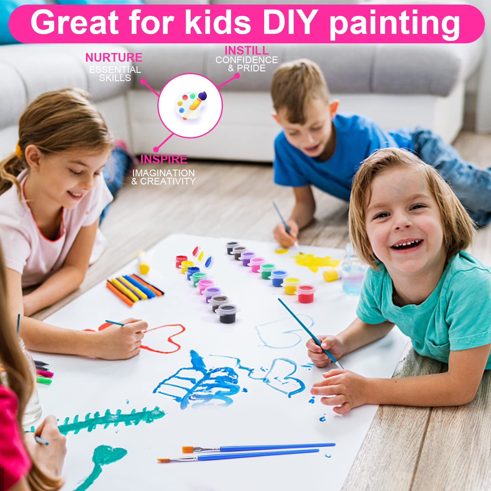 108Pcs Kids Washable Acrylic Paint Set with 8 Colors & 12 Brushes - Non-Toxic Art Supplies for Classroom, DIY Crafts, Birthday Gifts - Perfect for Children's Painting, School Projects & Creative Activities
