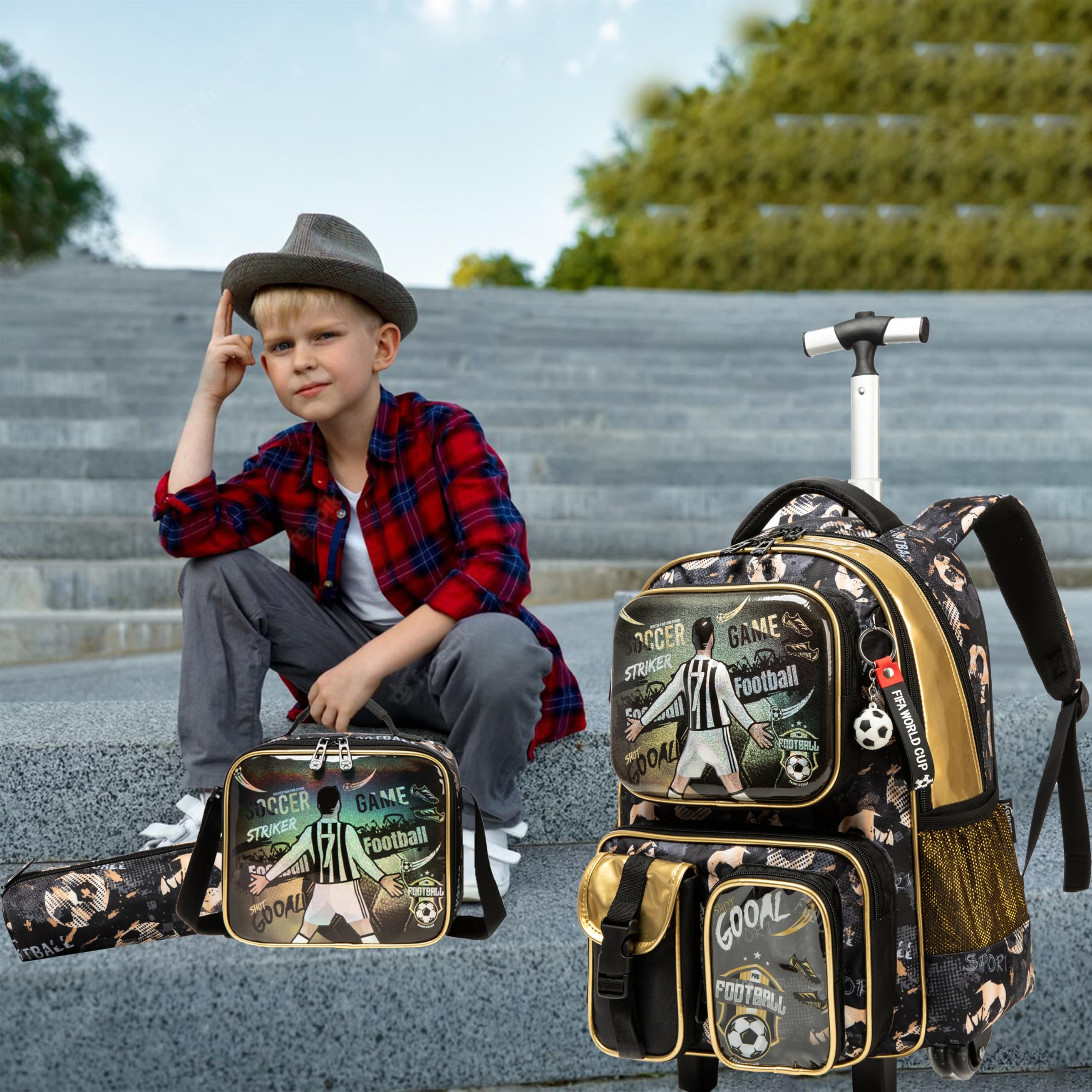 Egchescebo Kids Rolling Backpack for Boys - Soccer Themed Wheeled Luggage with Lunch Box & Pencil Case, Multiple Functional Pockets for School & Travel - Navy Blue | Perfect for Elementary Students, Daily Commute & Family Trips