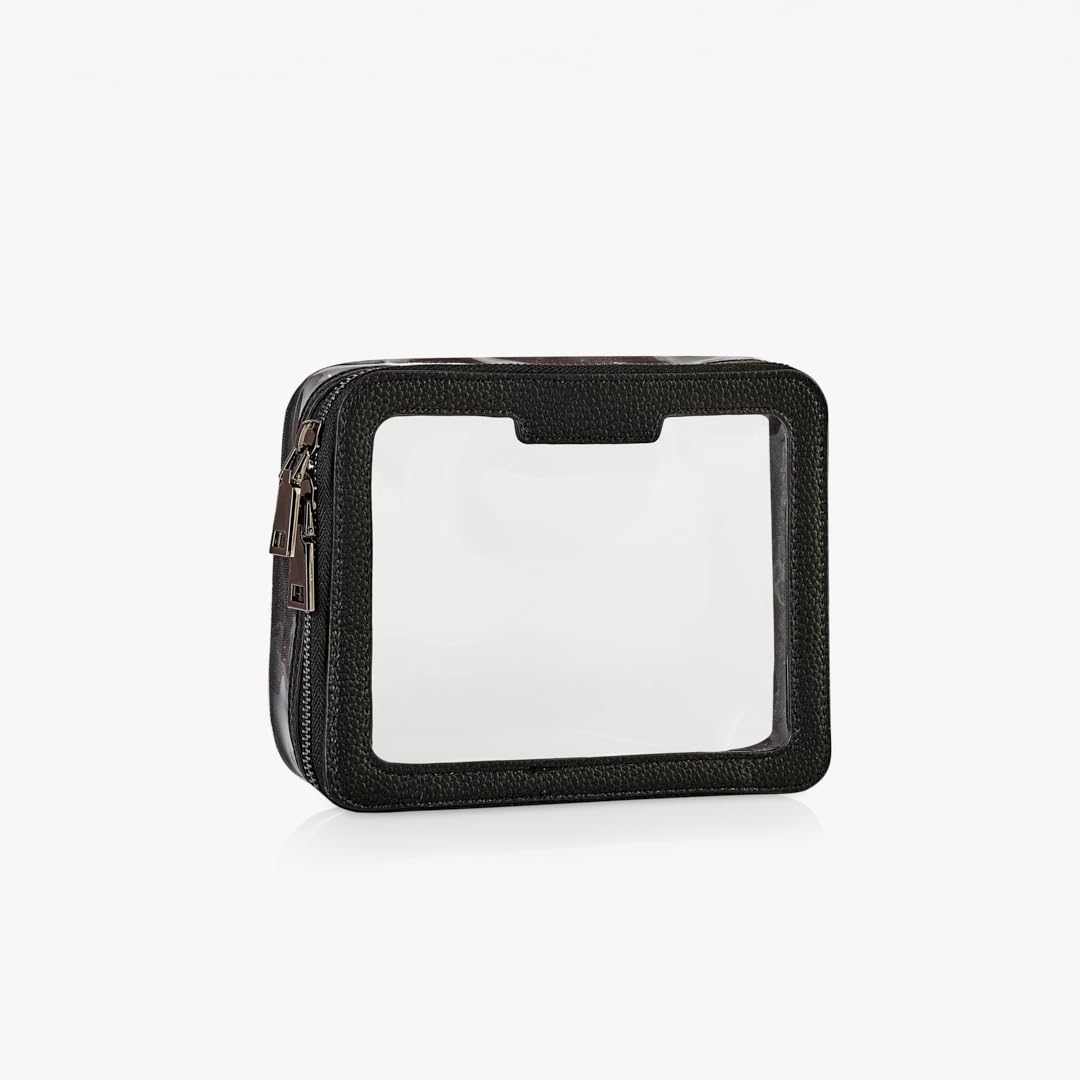 Waterproof Clear PVC Toiletry Bag with Zipper - Travel Cosmetic & Makeup Organizer for Men & Women - Vegan Leather (Black) - Perfect for Bathroom, Gym, and Airplane Travel