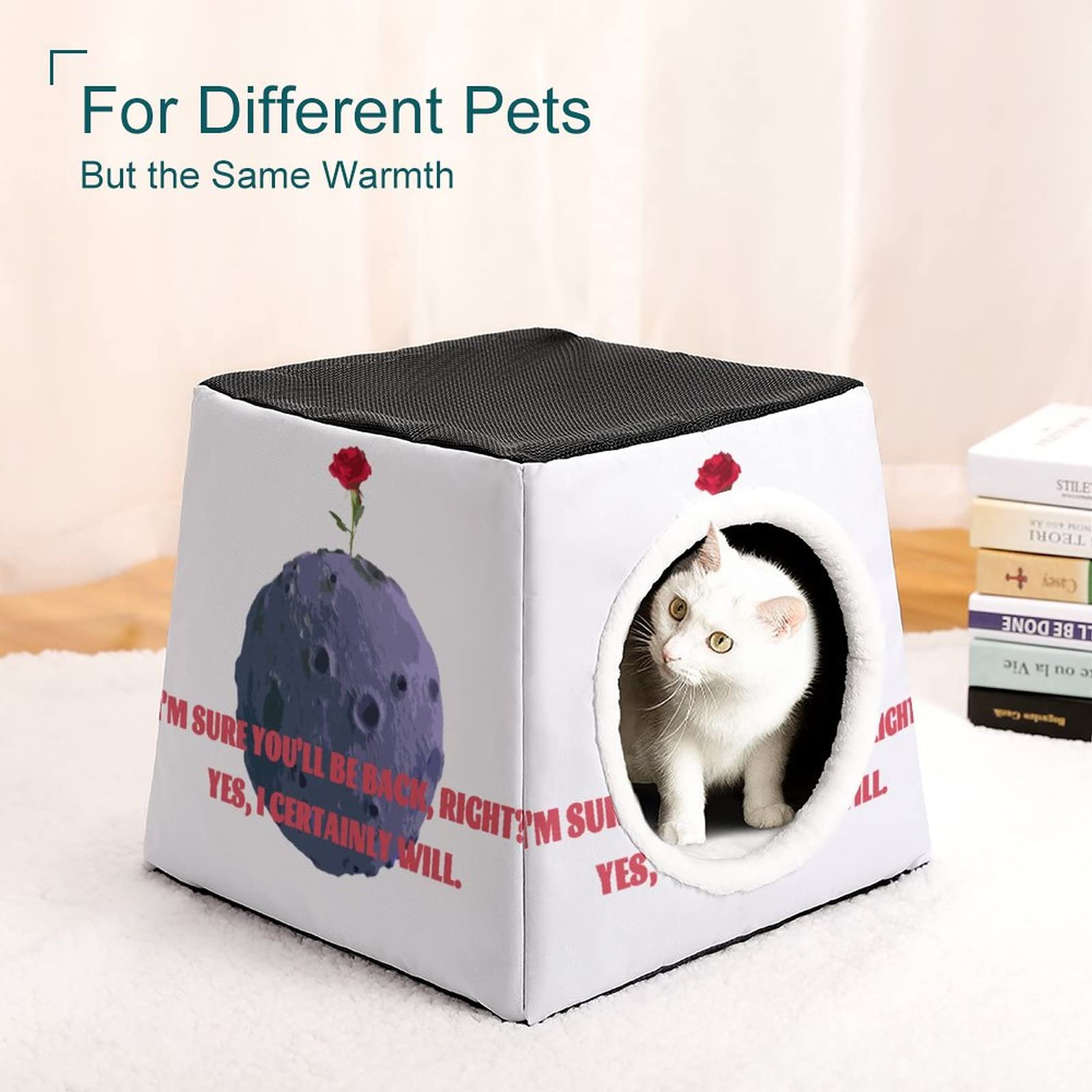 **Printed Cat Cube Kitty House - Indoor Cat Bed & Small Dog Shelter - Warm & Cozy Pet Sofa with Planet Rose Design - Perfect for Lounging, Napping & Playtime**