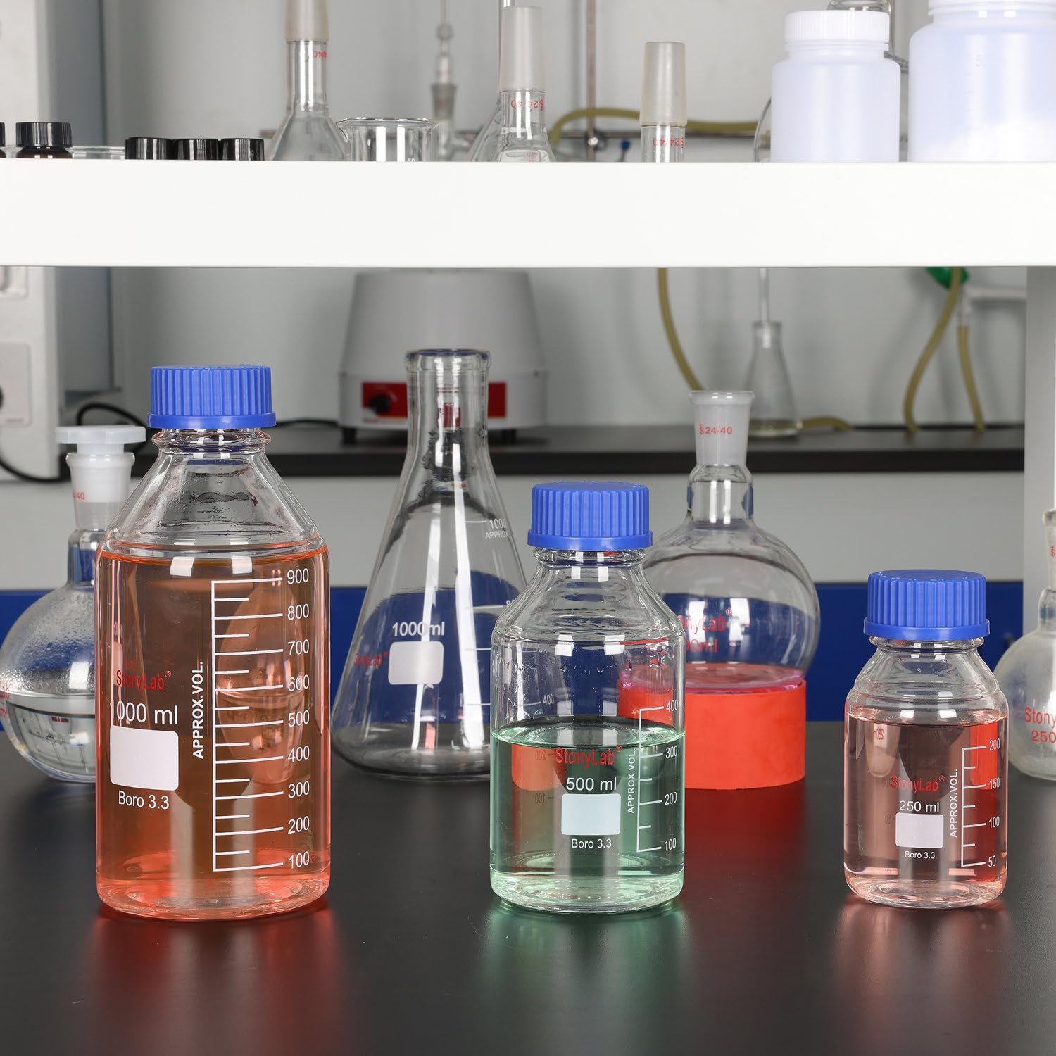 Stonylab 2000ml Glass Graduated Round Media Storage Bottles with GL45 Screw Cap - 1 Pack - Ideal for Lab, Chemical Storage & DIY Projects