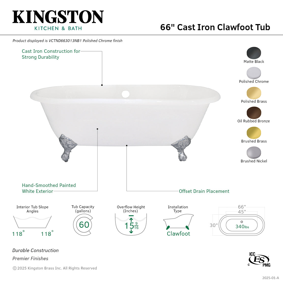 Aqua Eden 66 Inch White Cast Iron Clawfoot Bathtub - Oval Double Ended Freestanding Tub with Polished Chrome Feet - Perfect for Vintage & Modern Bathrooms, Spa Relaxation