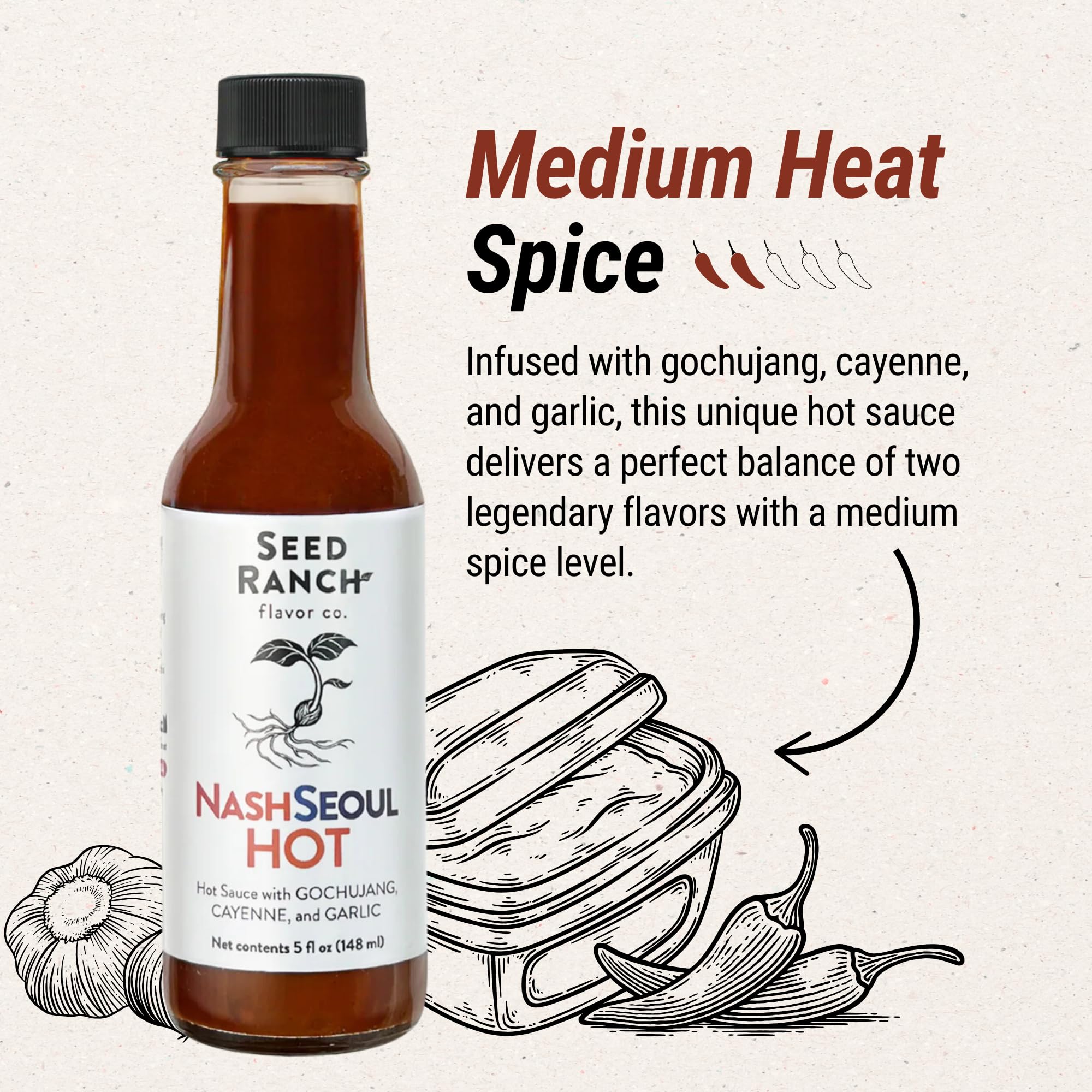 Seed Ranch NashSeoul Hot Sauce - Nashville & Korean Fusion Hot Sauce, Sweet & Spicy Medium Heat, Vegan, Gluten-Free, Non-GMO, No Artificial Sugars - Perfect for Rice Bowls, Stir-Fries, Wings & Grilled Meats
