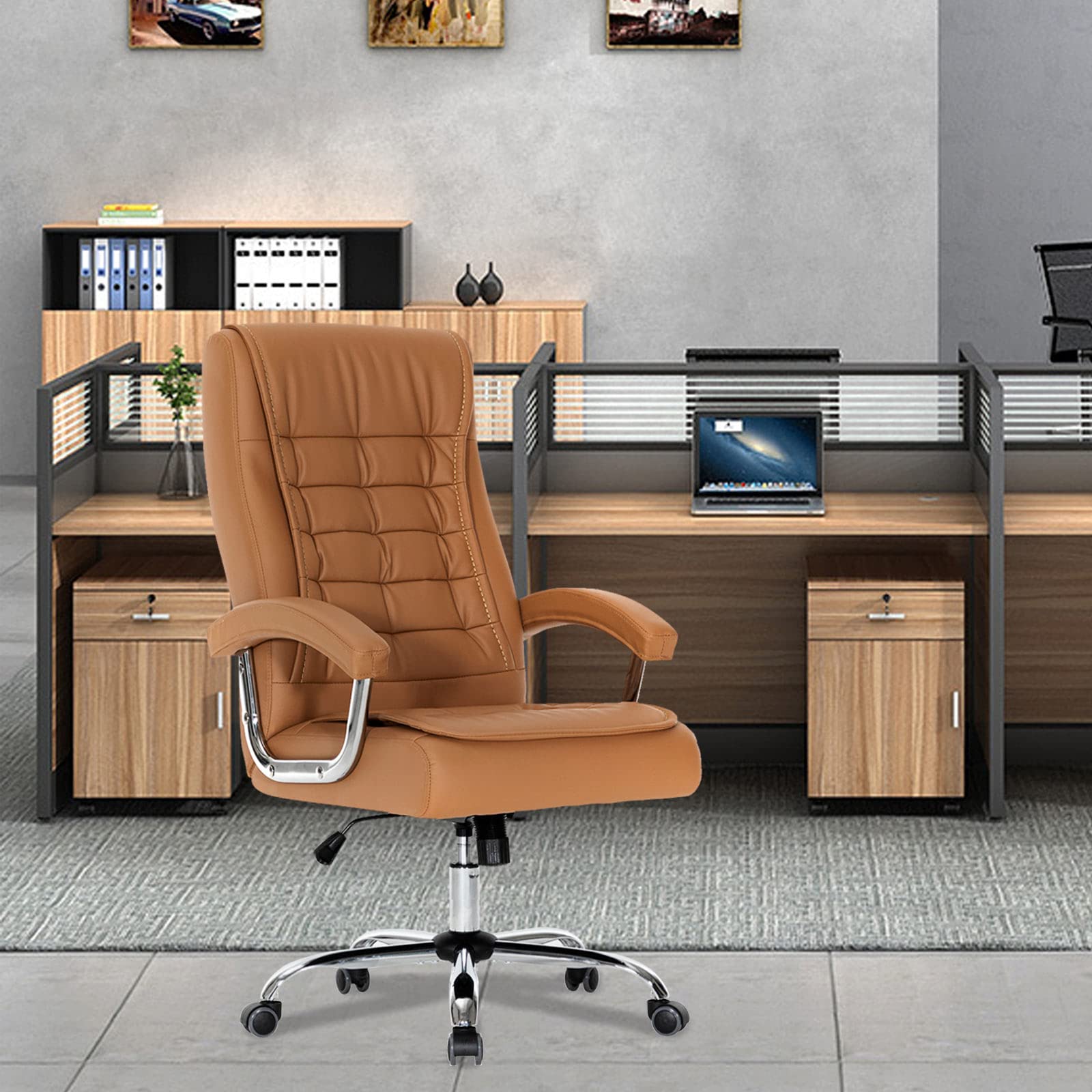 Premium Ergonomic Executive Office Chair - Adjustable High Back Leather Swivel Desk Chair with Padded Armrests, 350lbs Weight Capacity & Spring Seat - Ideal for Home Office, Gaming & Computer Workstations (Khaki)