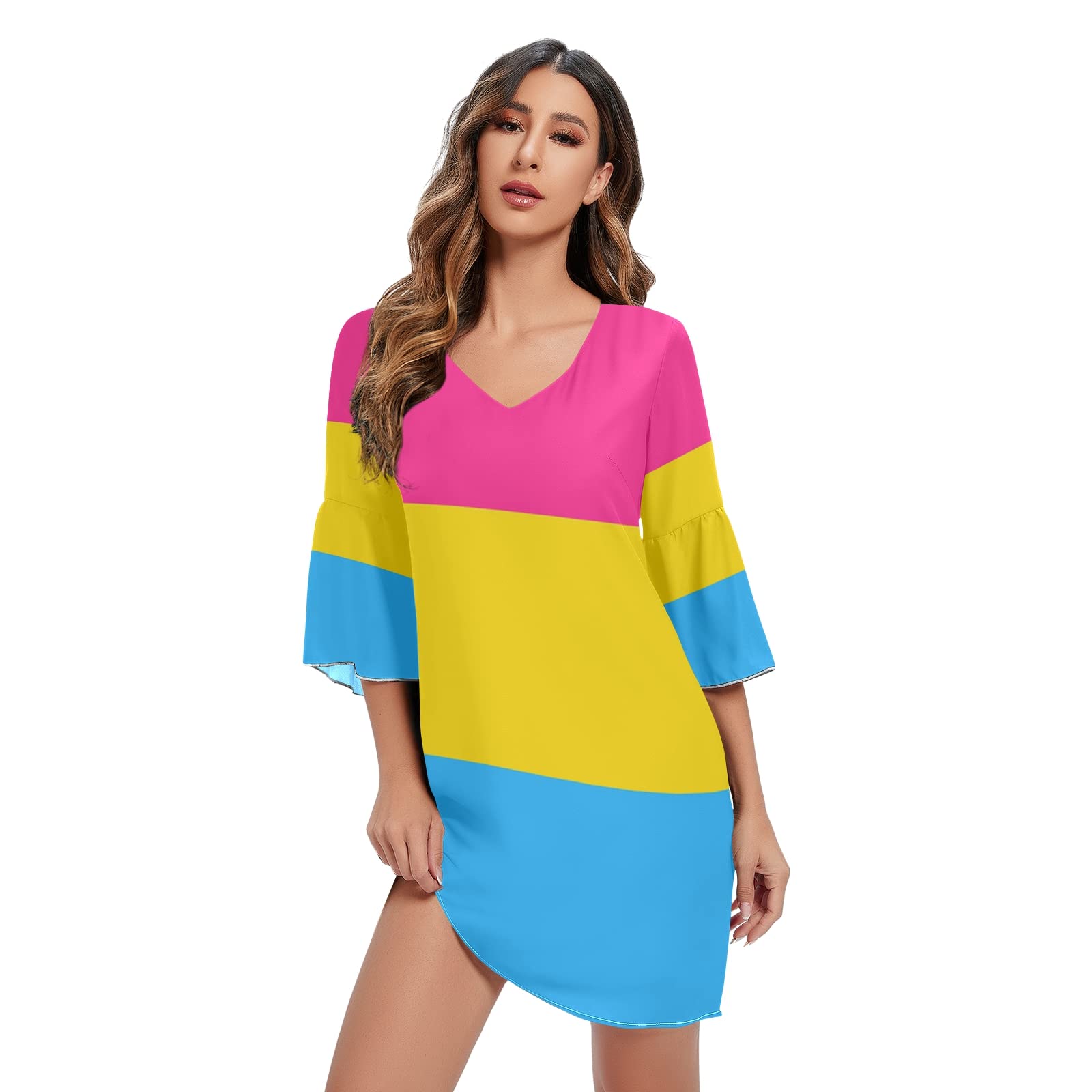 UWSG Women's Summer Casual Bell Sleeve V-Neck Mini Shift Dress - Perfect for Beach Vacations, Brunch Dates & Summer Outings