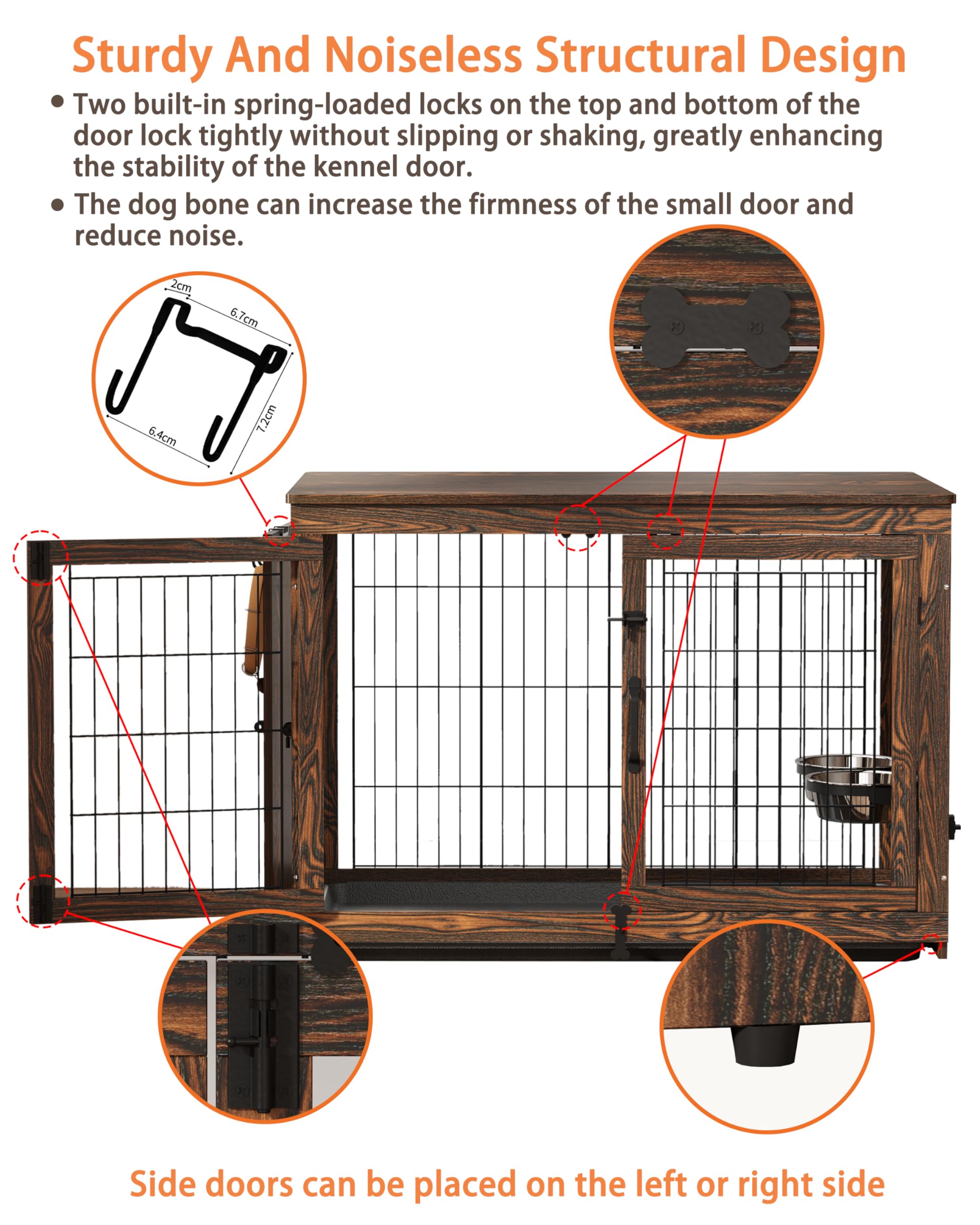 Piskyet Rustic Style Wooden Dog Crate Furniture - 360° Rotatable Removable Dog Bowls, Double Door Dog Kennel with Tray - End Table for Small to Medium Dogs (31.8