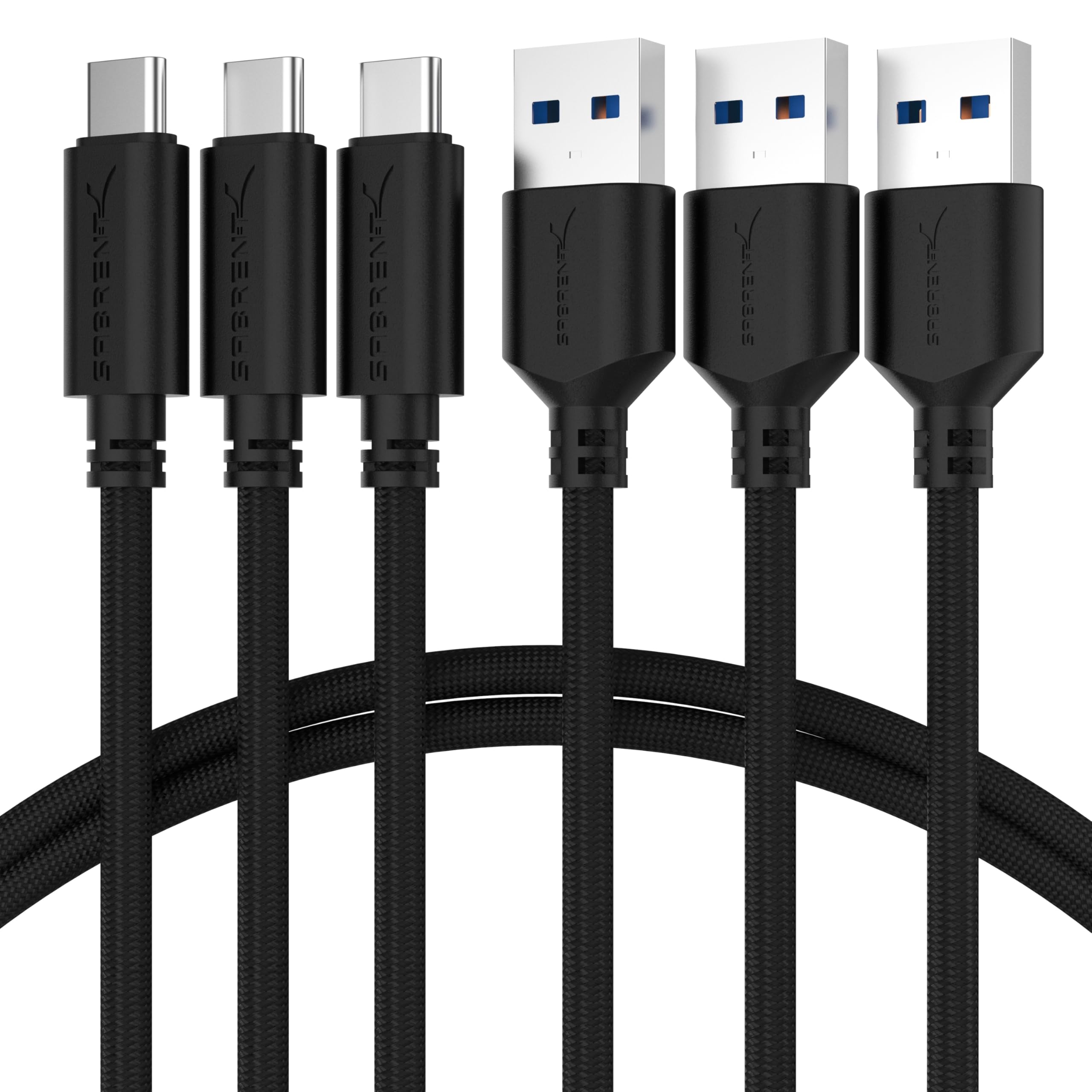 SABRENT 3-Pack 6ft USB C to USB 3.0 Fast Charging Cable - 3.0A QC, 5000Mbps High-Speed Data Sync, Durable Nylon Braided for Samsung Galaxy, iPhone 15, iPad, MacBook - Perfect for Home, Office & Travel Charging