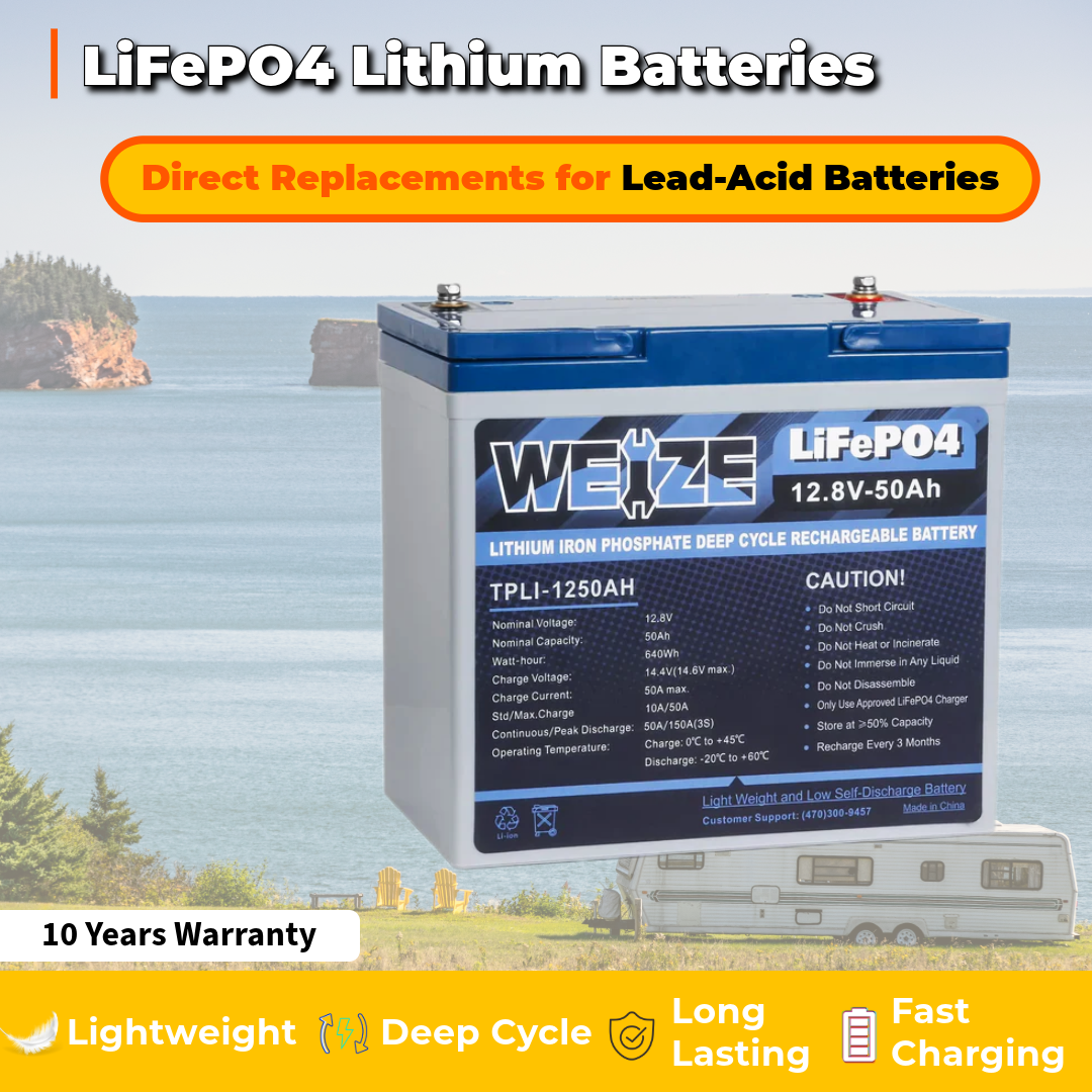 WEIZE 12V 50Ah 640Wh Lithium LiFePO4 Battery - Group 24 Deep Cycle Marine/RV Battery for Solar Power, Trolling Motor, Off-Grid & Backup Power Applications
