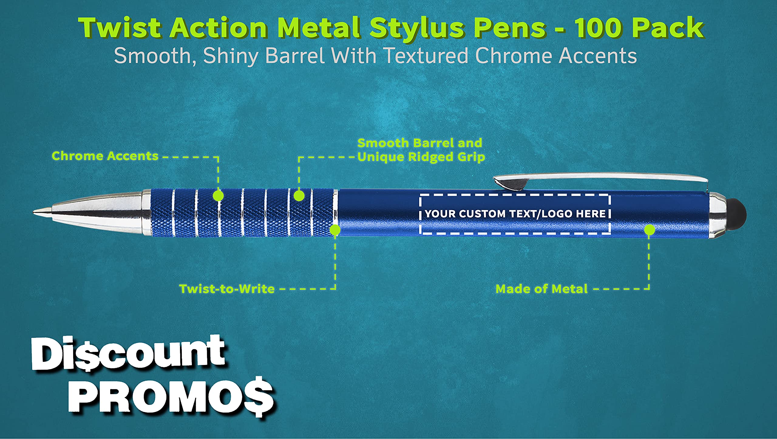 100 Pack Twist Action Metal Stylus Pens with Custom Text/Logo - Dual Tip Smooth Writing Black & Blue Ink - Perfect for Tablets, Smartphones, Office Use & Bulk Business Promotions