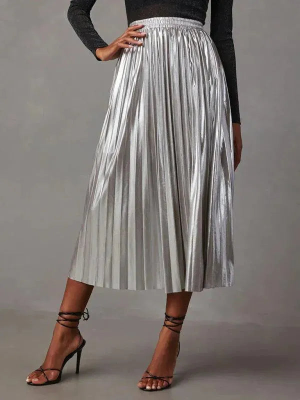 Elegant High Waisted Pleated A-Line Skirt for Women - Shiny Plisse Midi Skirt for Office, Party & Casual Wear