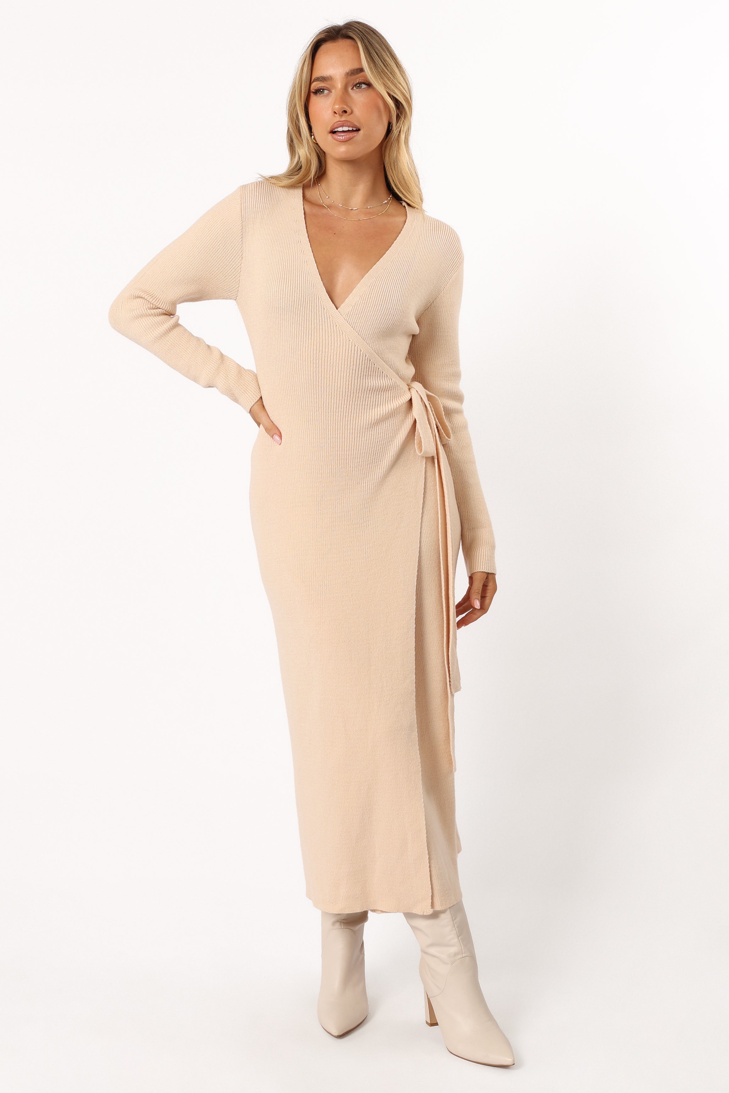 Kellan Wrap Midi Dress for Women - Elegant Beige Flowy Summer Dress | Perfect for Beach, Wedding & Casual Outings