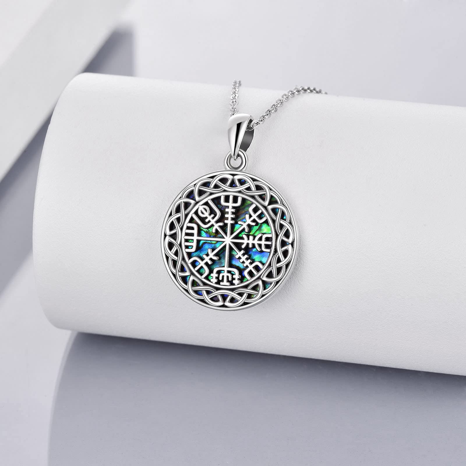 Viking Compass Necklace - Sterling Silver & Abalone Shell Celtic Jewelry with Norse Vegvisir Pendant | Pagan Irish Nordic Jewelry for Men & Women | Perfect for LARP, Cosplay & Viking Enthusiasts